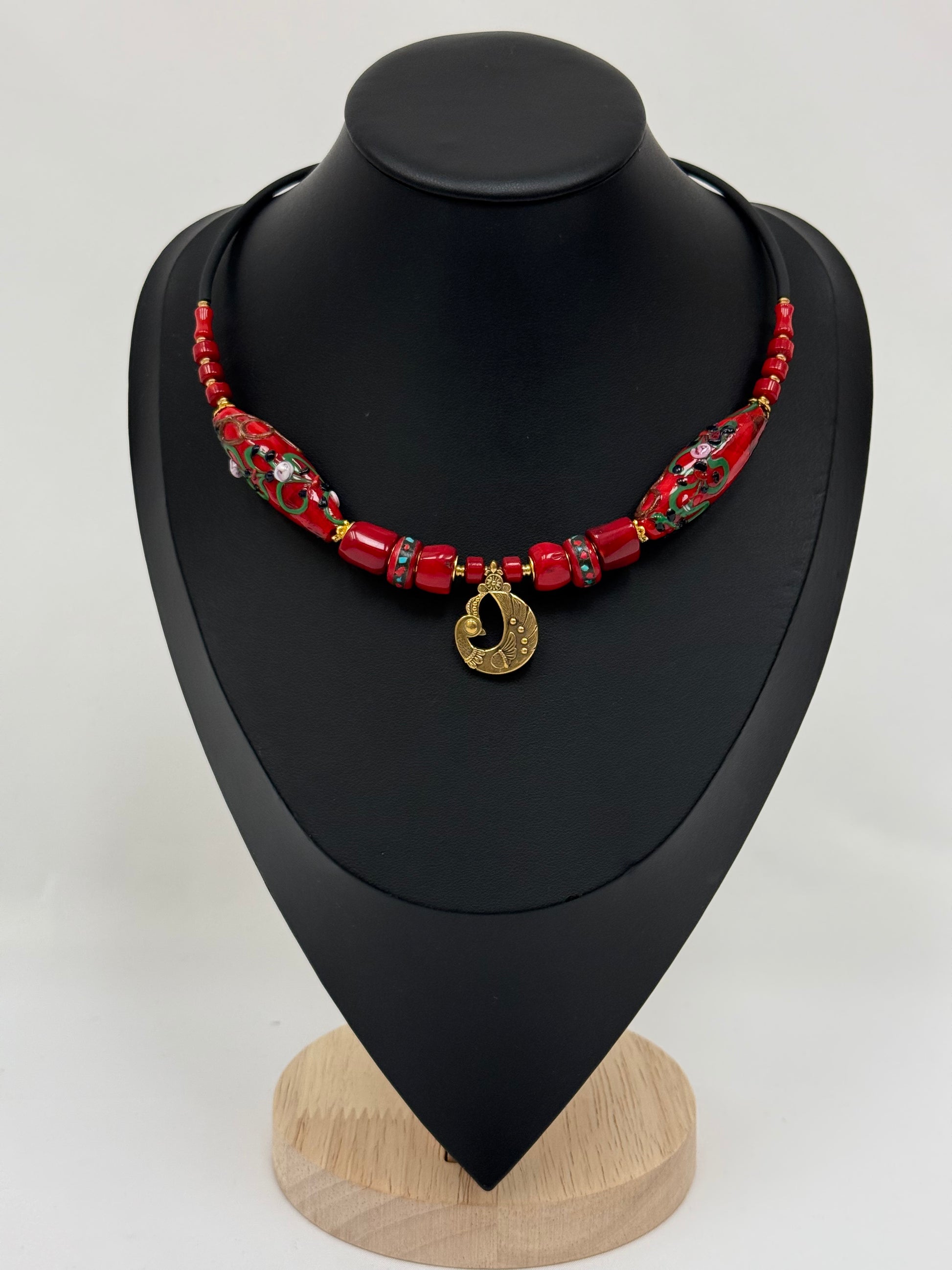 Dyed Coral Choker with Brass Firebird Pendant
