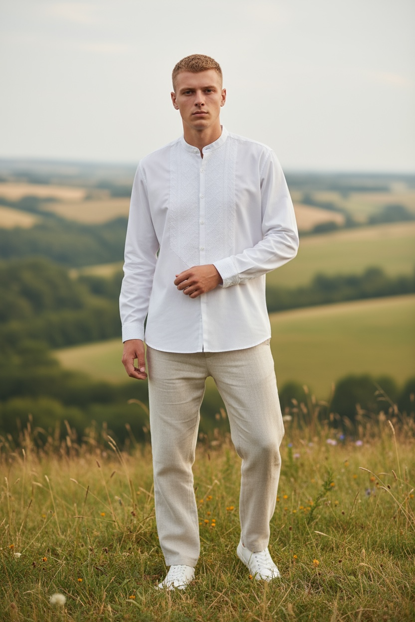 Men’s White Vyshyvanka With Traditional Embroidery Long Sleeve