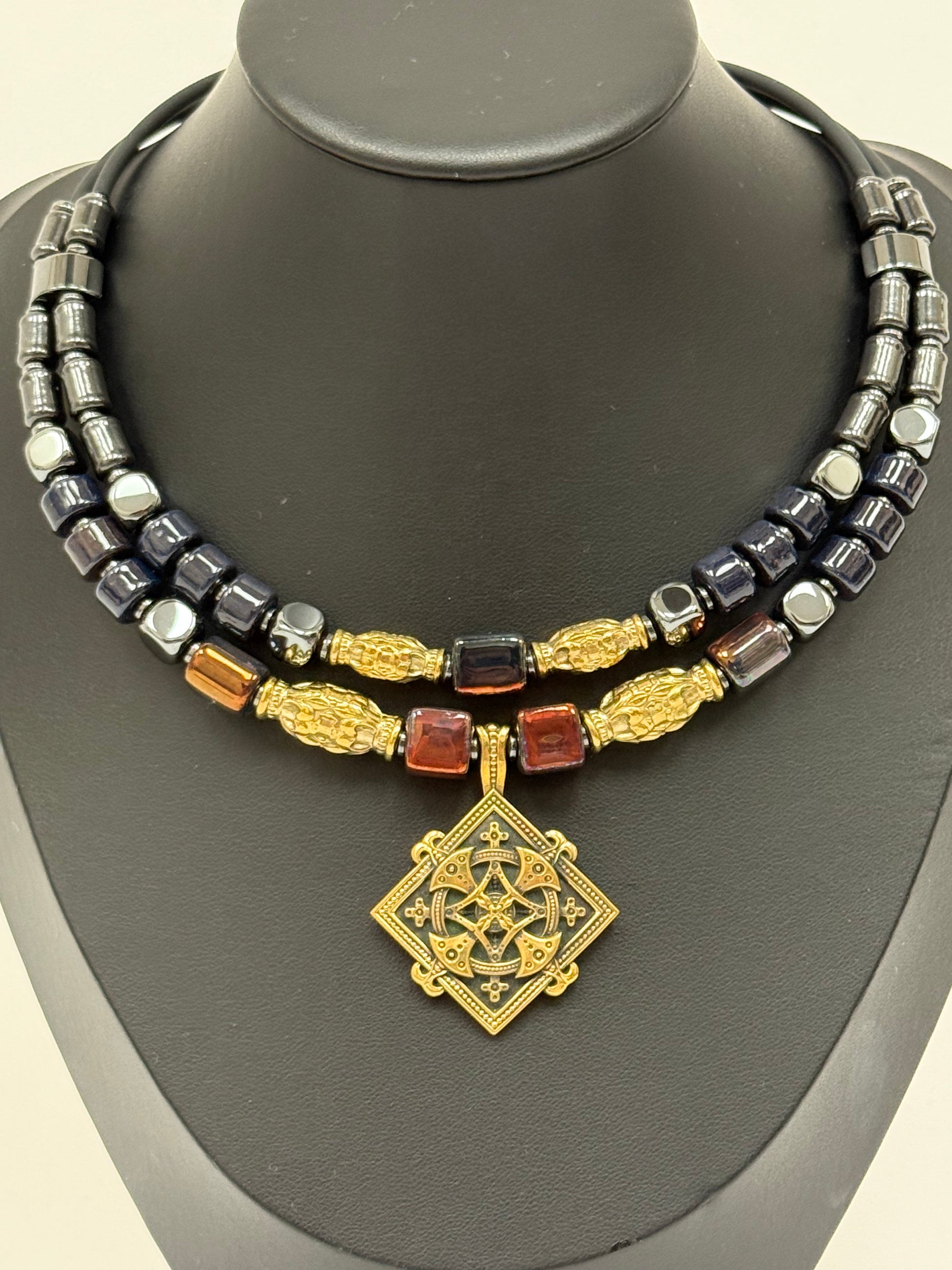 Double-Strand Choker – Kosiv Ceramics, Hematite & Brass Cross Pendant