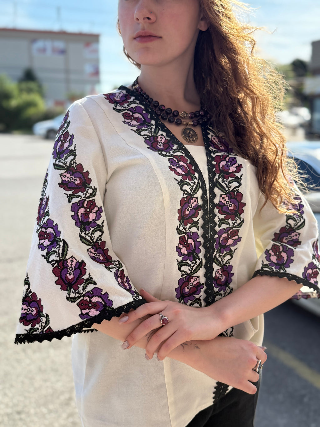 Women’s Embroidered Shirt "Tulips" – Cream Ukrainian Vyshyvanka with 3/4 Flared Sleeves