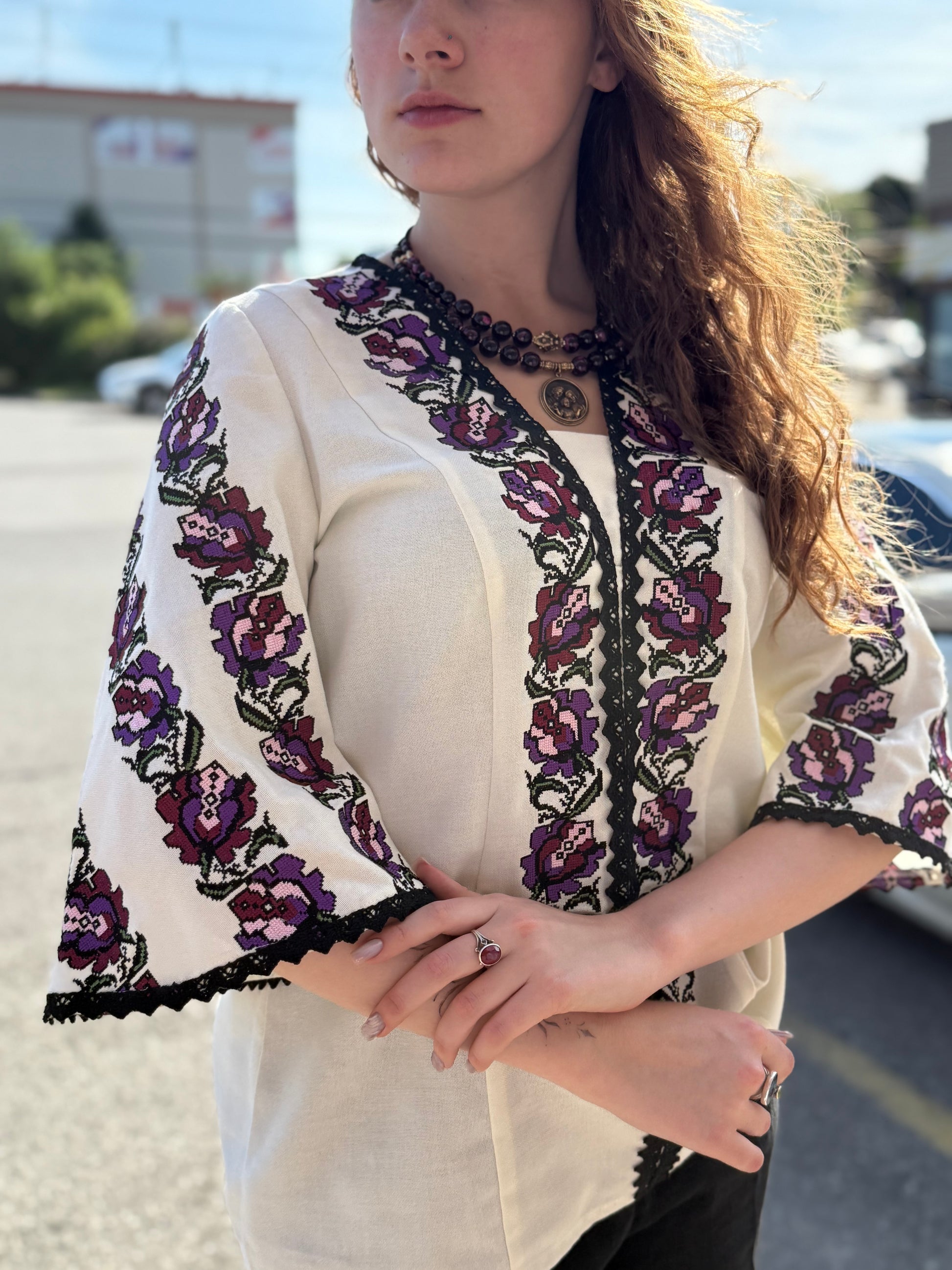 Women’s Embroidered Shirt "Tulips" – Cream Ukrainian Vyshyvanka with 3/4 Flared Sleeves