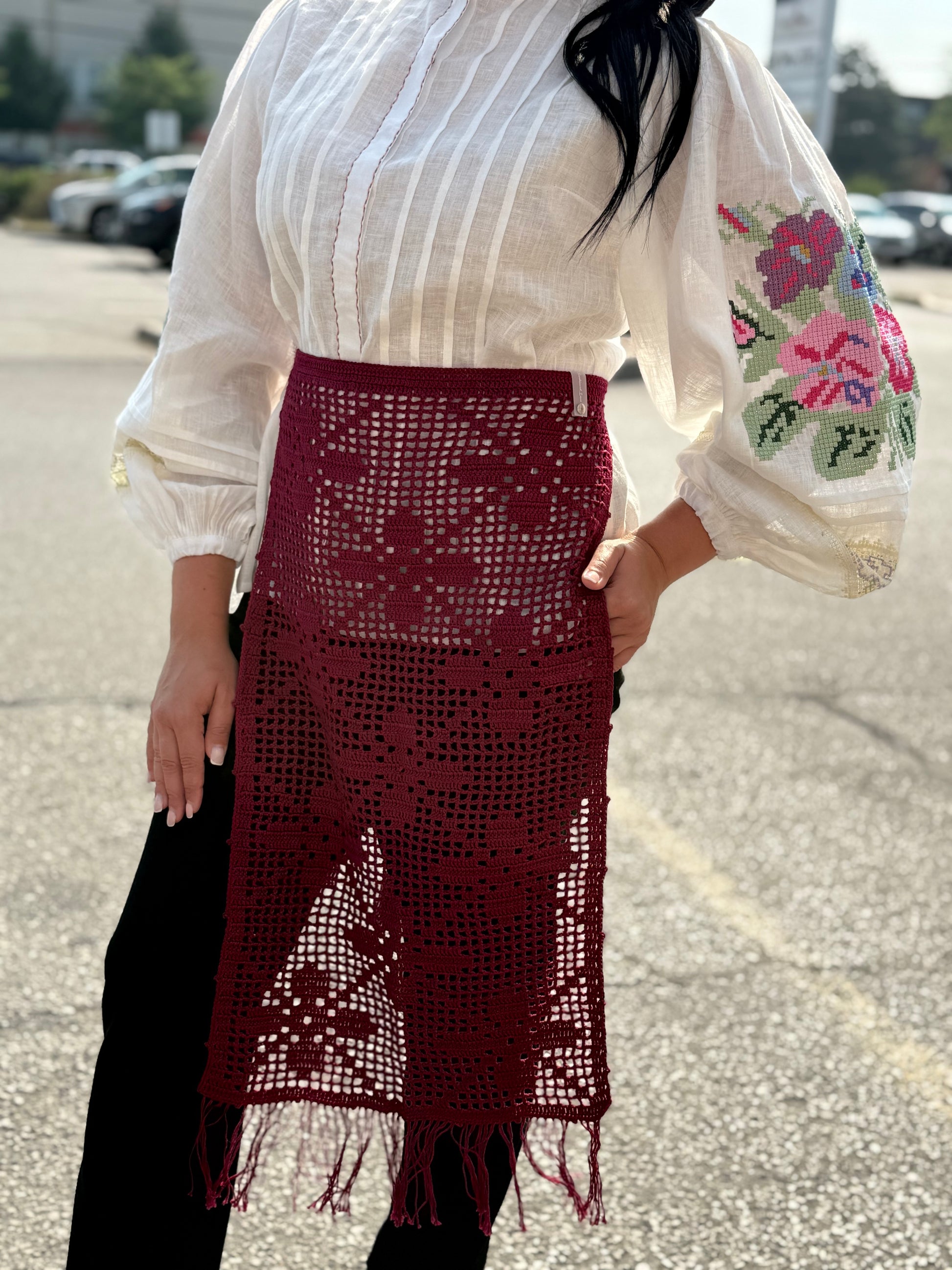 Hand-Knitted “Zapaska” with Traditional Ukrainian Ornament Cherry Colour