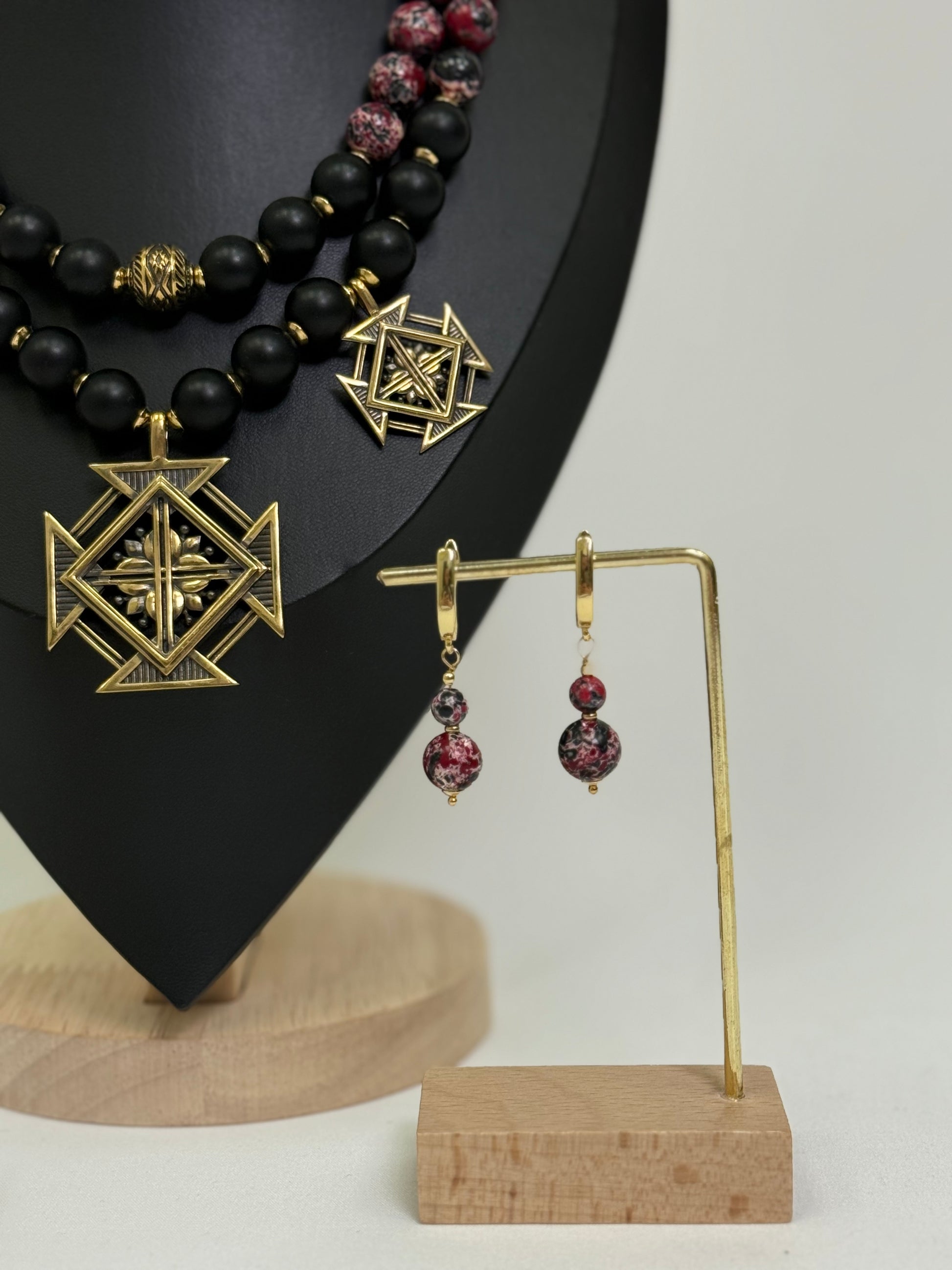 Natural Burgundy-Black Stone Necklace with Brass 'Khrestovi' Zgardas