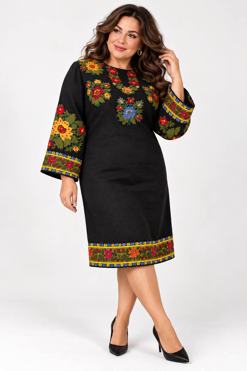 Black Ukrainian Embroidered Midi Dress with Colourful Floral Embroidery