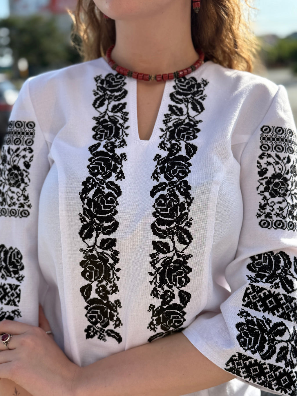 Pearl Embroidered Shirt (Women’s - Black, 3/4 Sleeve)