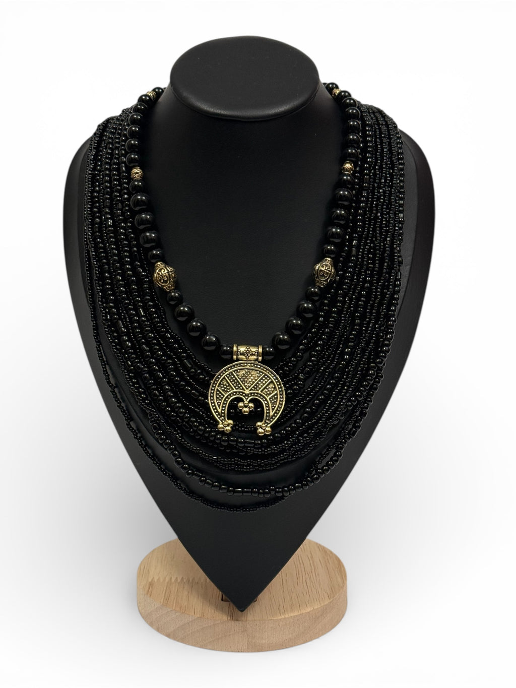 Black Necklace with Lunula 2-in-1 | Single-Strand + Multi-Strand