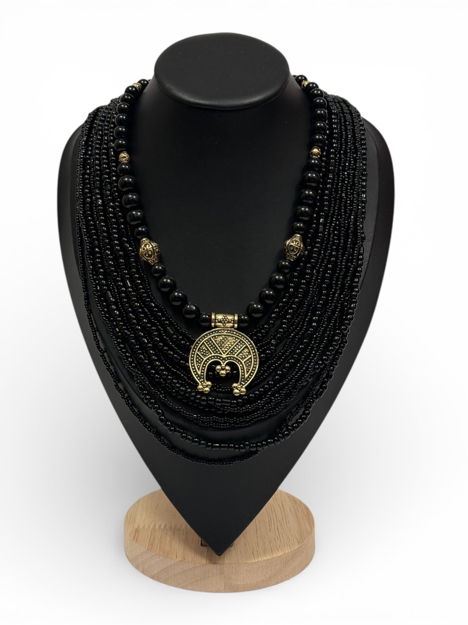 Black Necklace with Lunula 2-in-1 | Single-Strand + Multi-Strand
