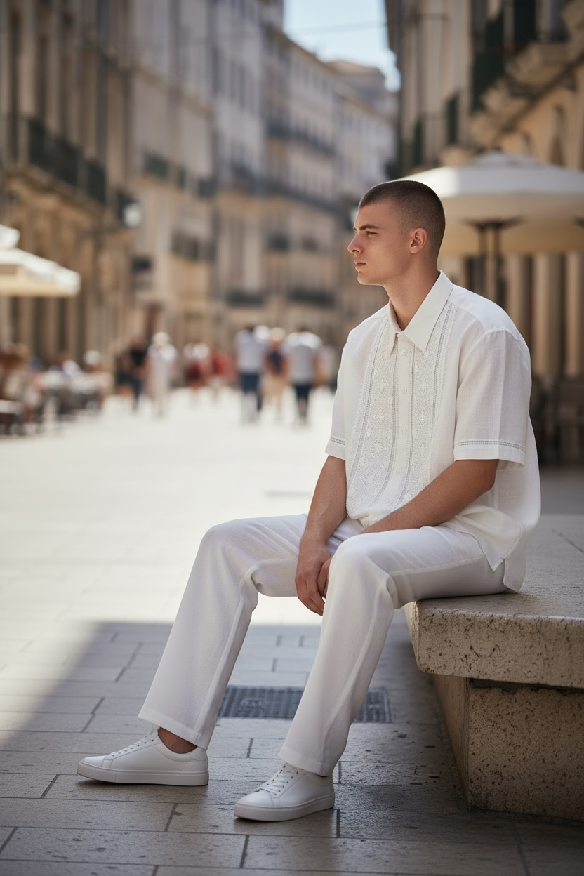 Men’s White Linen Vyshyvanka With Traditional Hand-Embroidered Short Sleeve