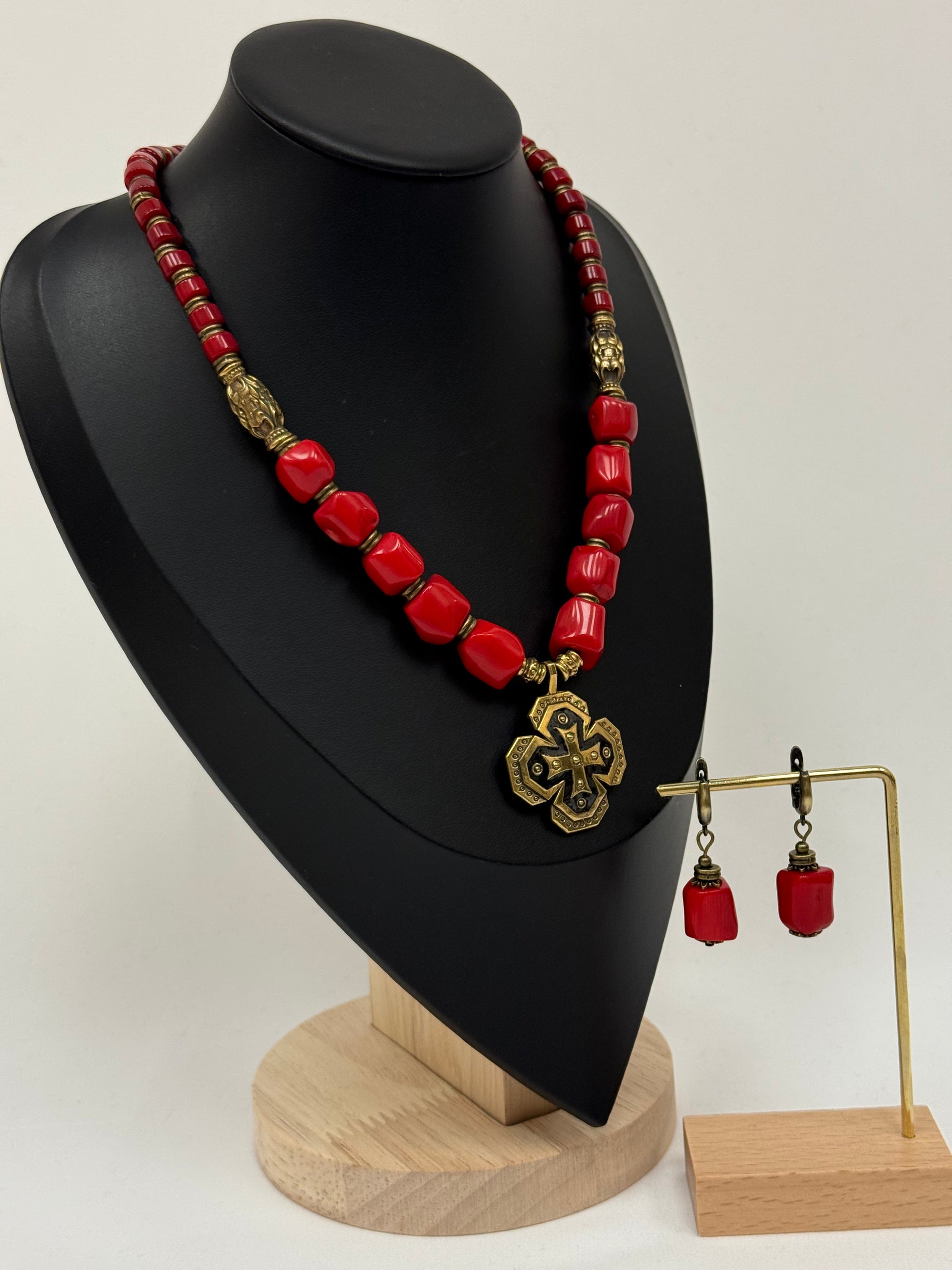 Single-Strand Necklace – Red Coral with Brass Cross Pendant