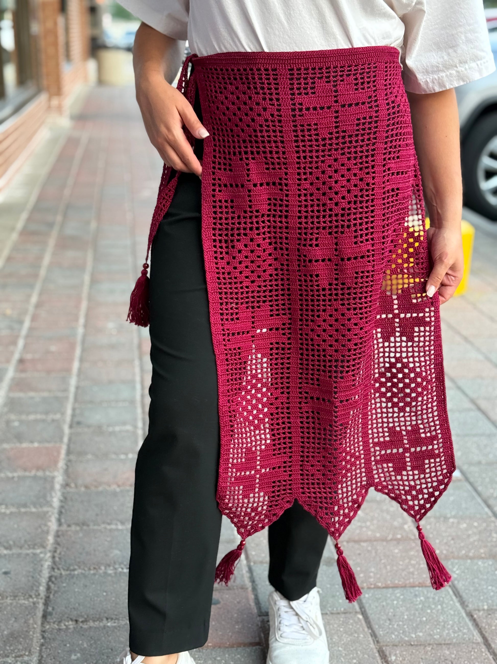 Hand-Knitted “Zapaska” with Traditional Ukrainian Ornament Cherry Colour