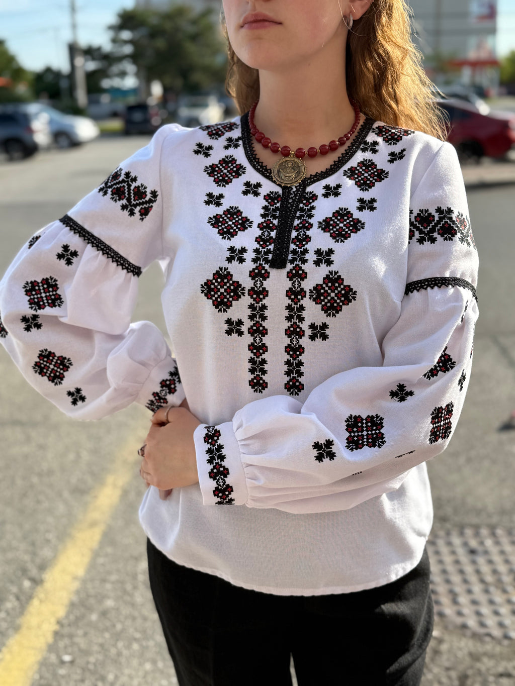 Women’s Embroidered Shirt "Heart" – White Ukrainian Vyshyvanka with Red and Black Embroidery