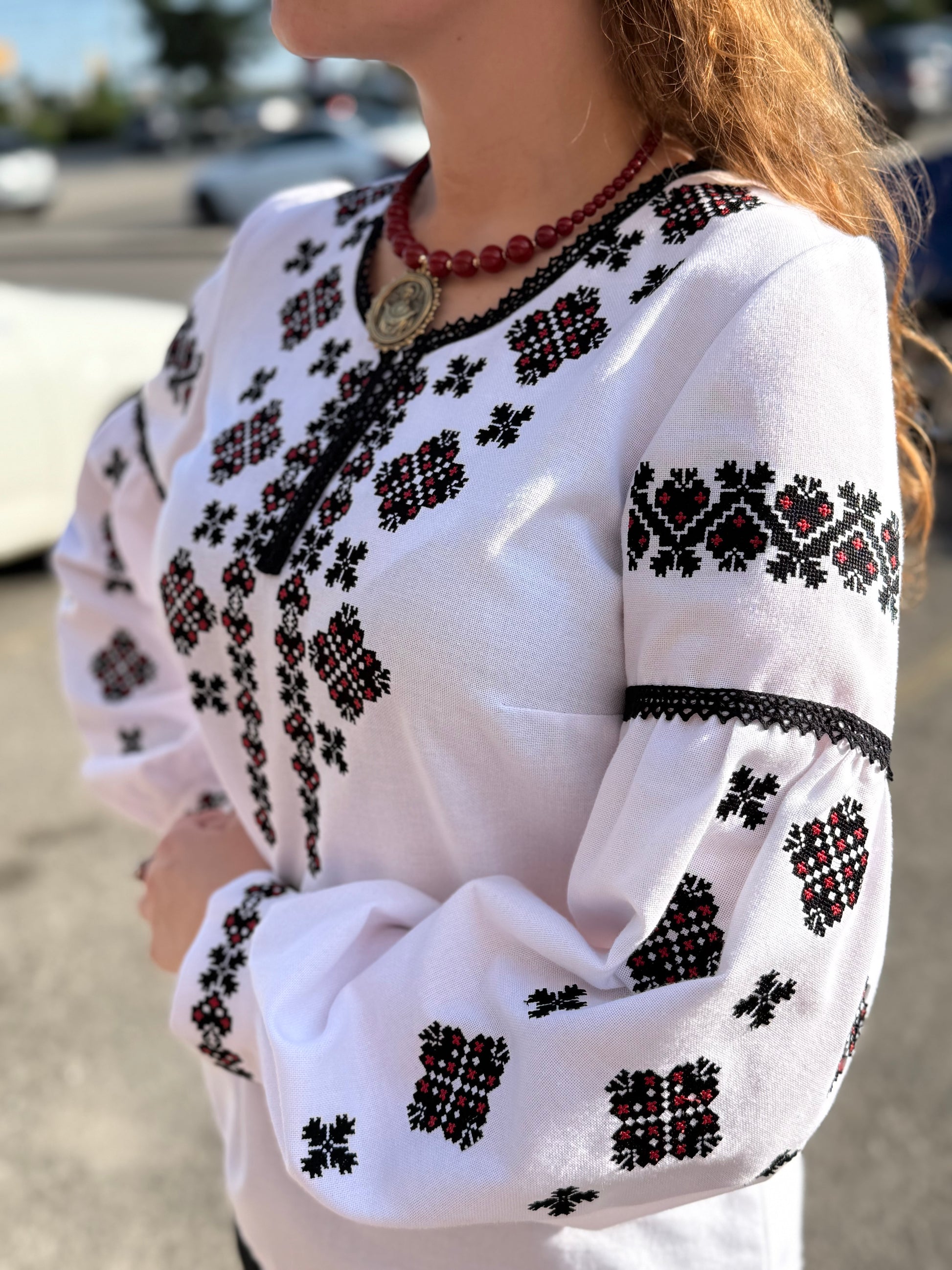 Women’s Embroidered Shirt "Heart" – White Ukrainian Vyshyvanka with Red and Black Embroidery