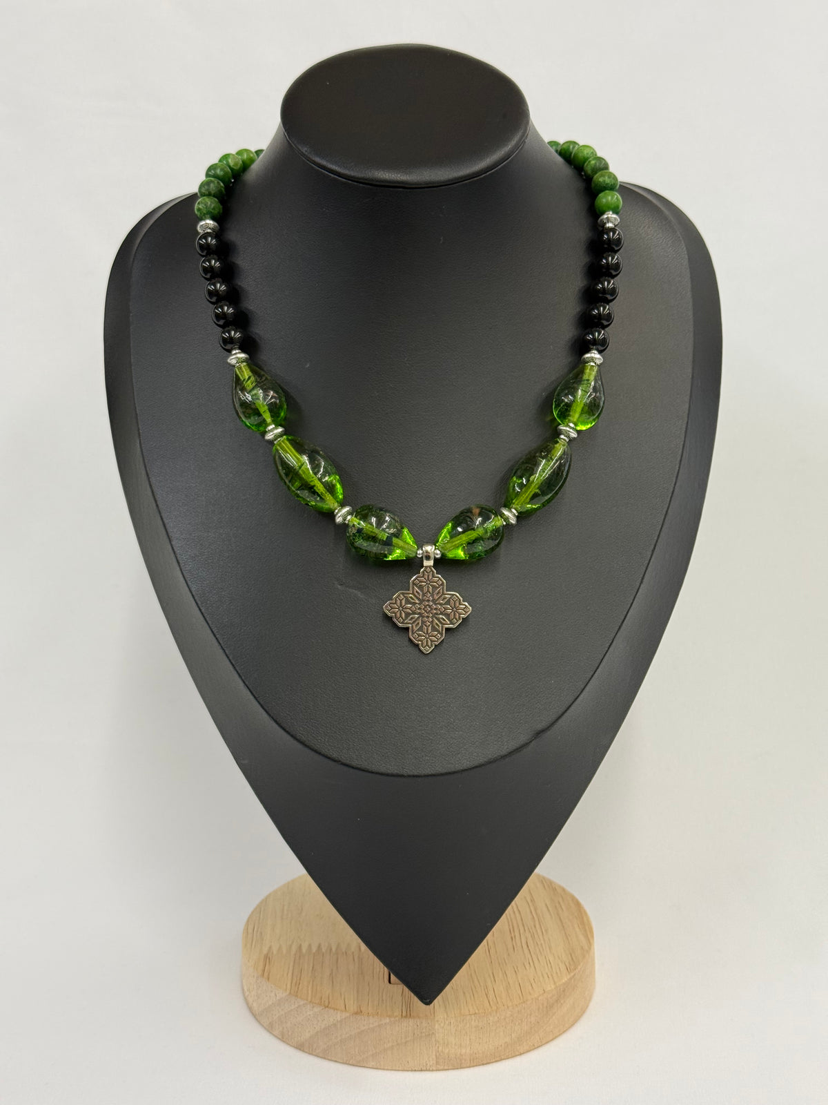 Jade, Black Agate & Murano Glass Necklace with German Silver Pendant
