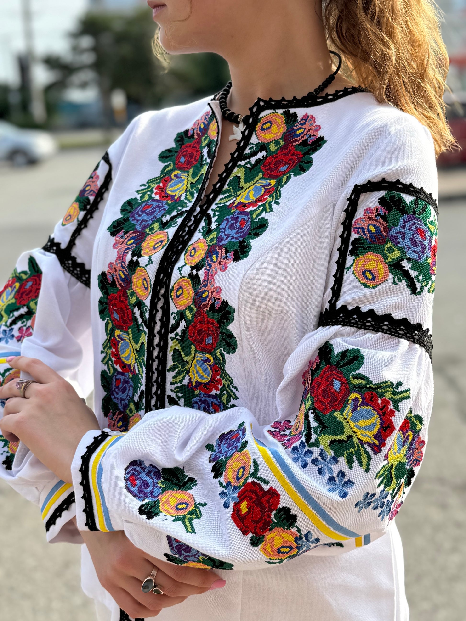 Women’s Embroidered Shirt "Patriotic" – White Ukrainian Vyshyvanka with Floral Motifs