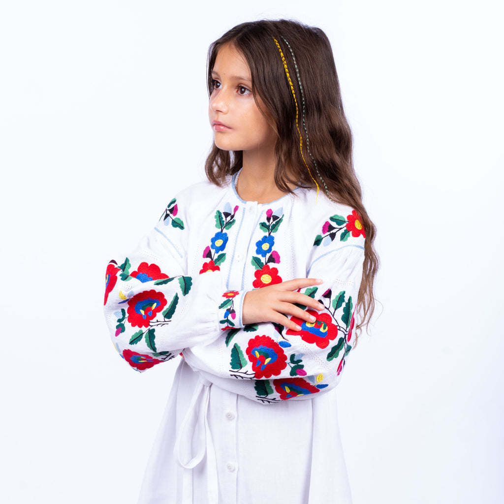 Girls’ White Linen Dress with Floral Embroidery