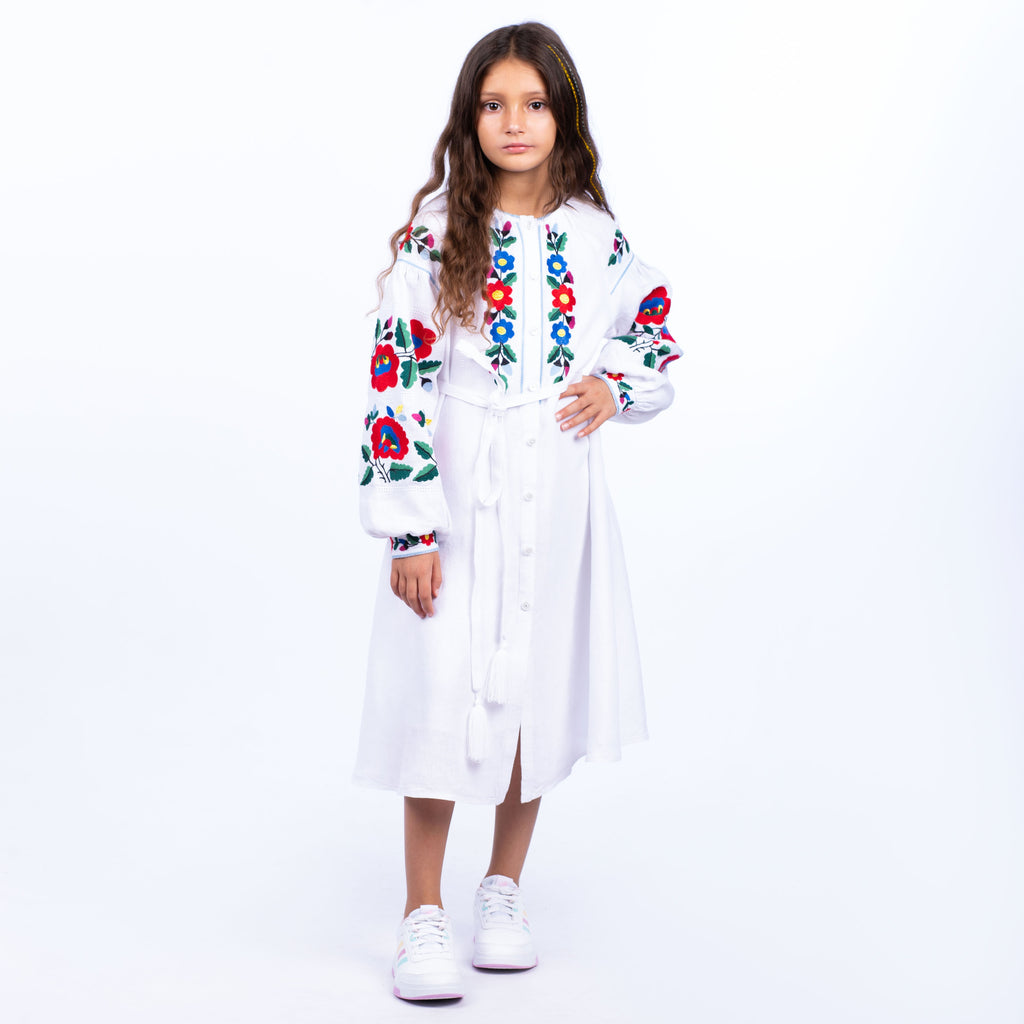 Girls’ White Linen Dress with Floral Embroidery