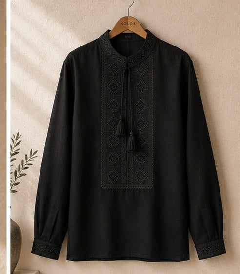 Men’s Black Linen Blend Embroidered Shirt