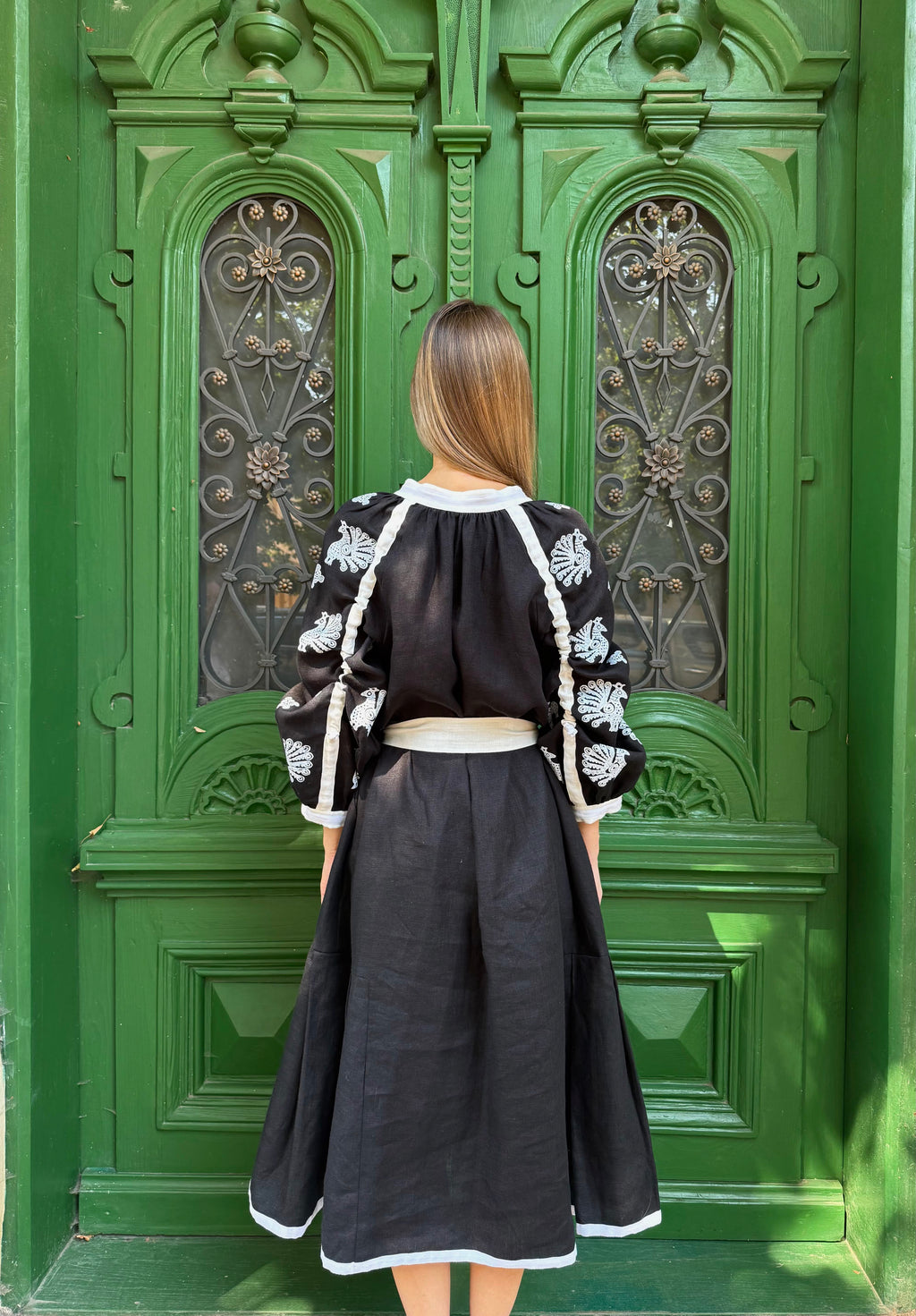 Women's Black Ukrainian Embroidered Midi Dress with White Belt