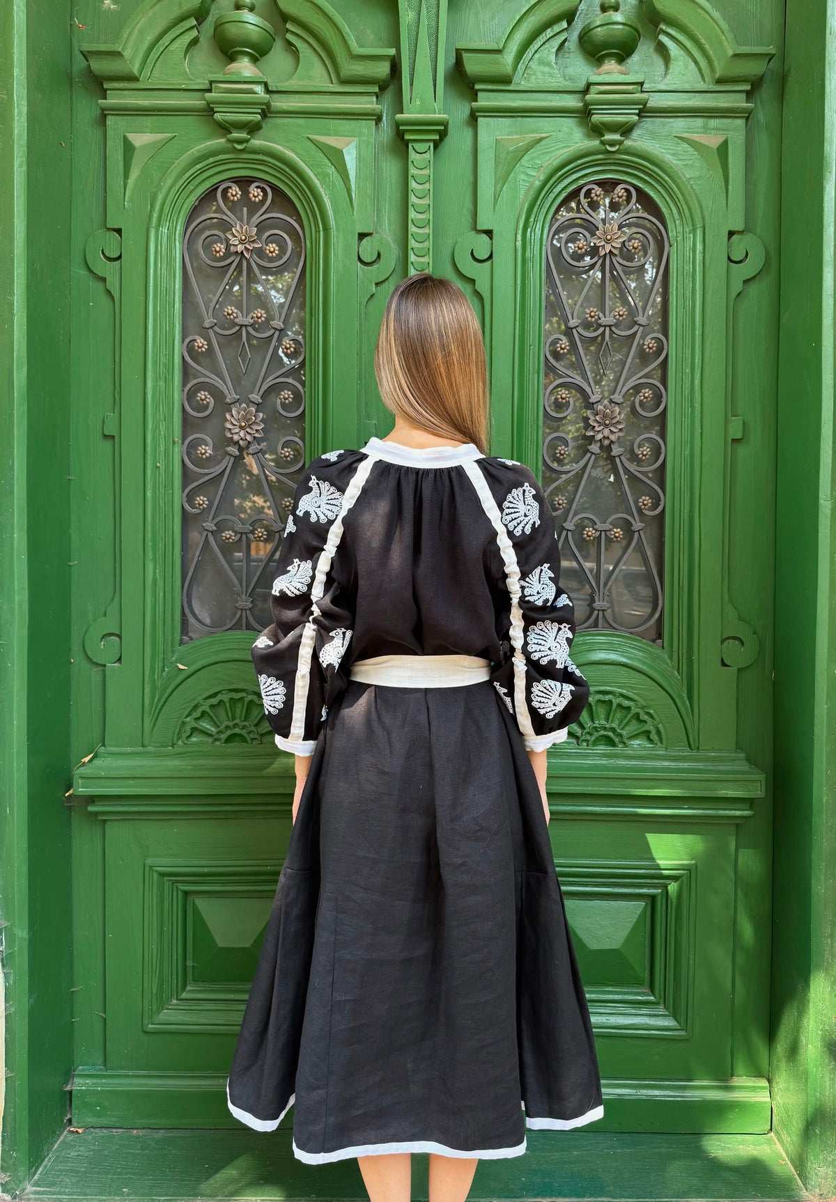 Women's Black Ukrainian Embroidered Midi Dress with White Belt