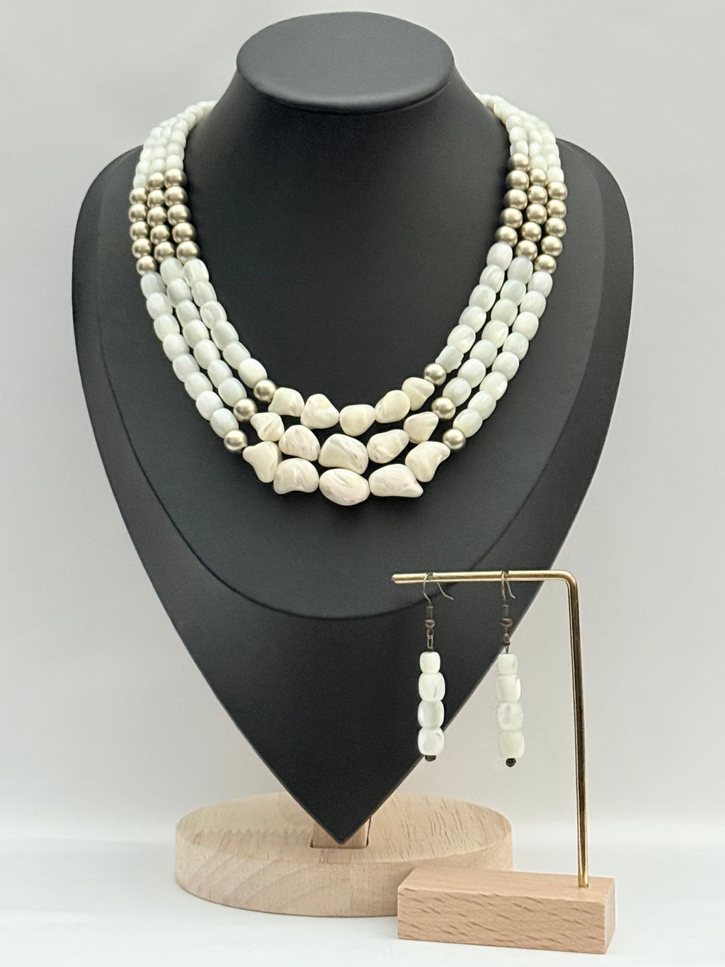 Three-Strand Mother-of-Pearl and Shell Necklace with Earrings