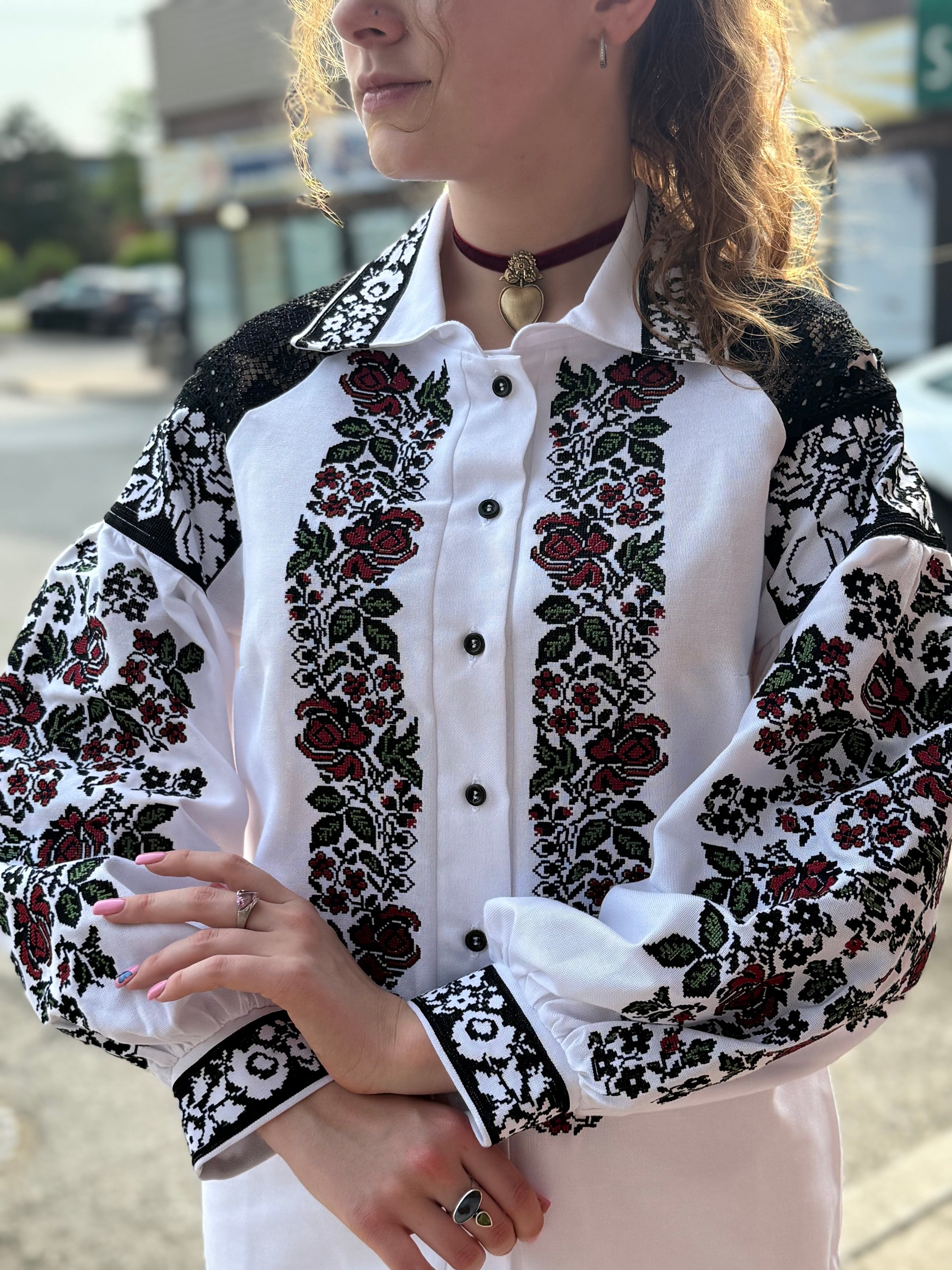 Women’s Embroidered Shirt "Ruta" – Ukrainian Vyshyvanka with Collar and Lace Accents