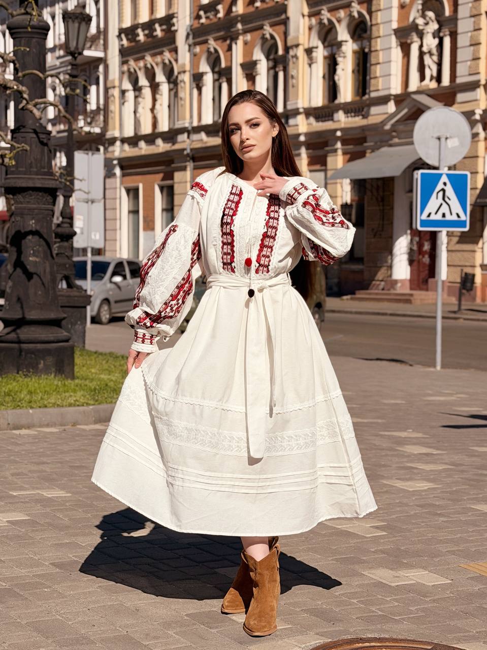 White Embroidered Midi Dress with Cotton Lace