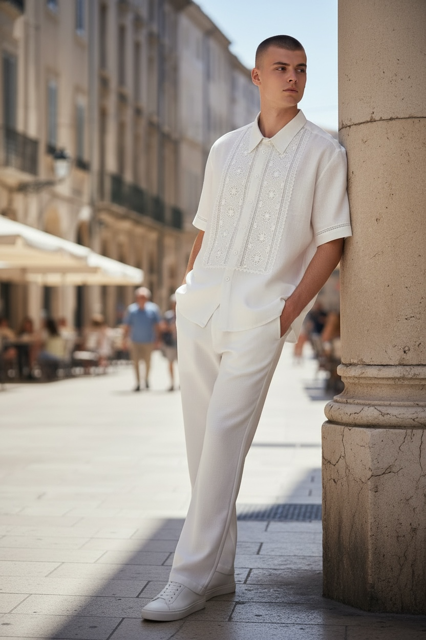 Men’s White Linen Vyshyvanka With Traditional Hand-Embroidered Short Sleeve