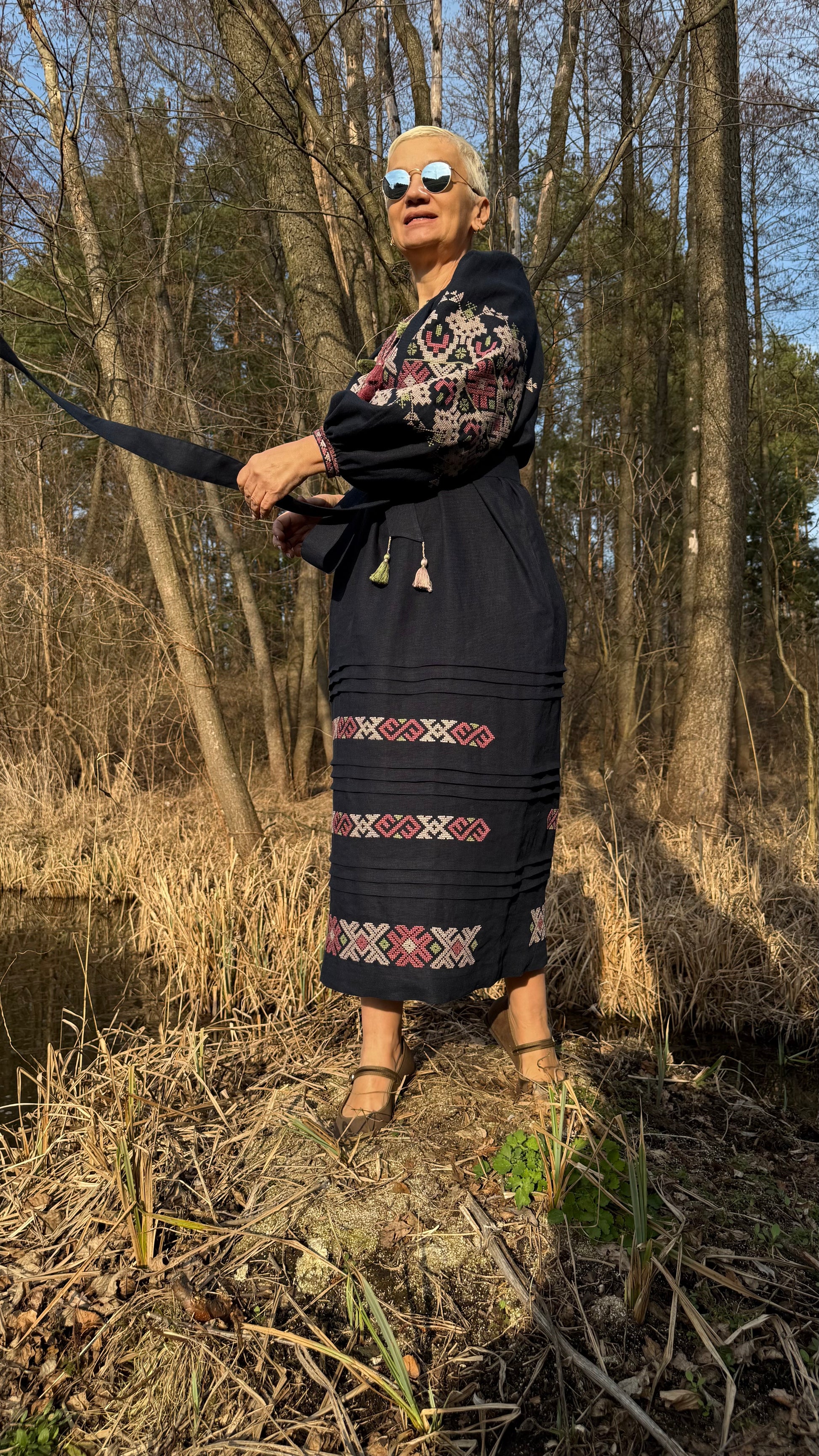 Hand-Embroidered Dark Blue Linen Dress