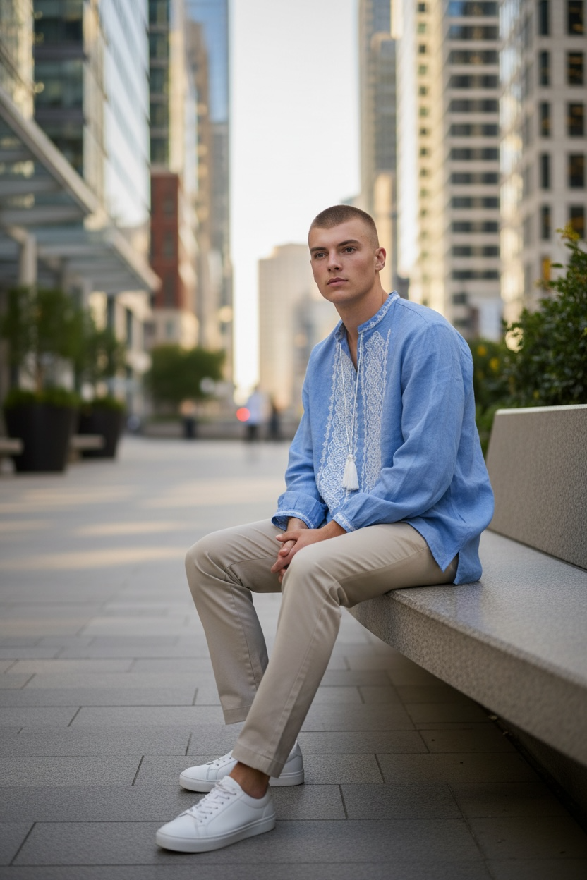 Men’s Blue Linen Shirt with White Embroidery