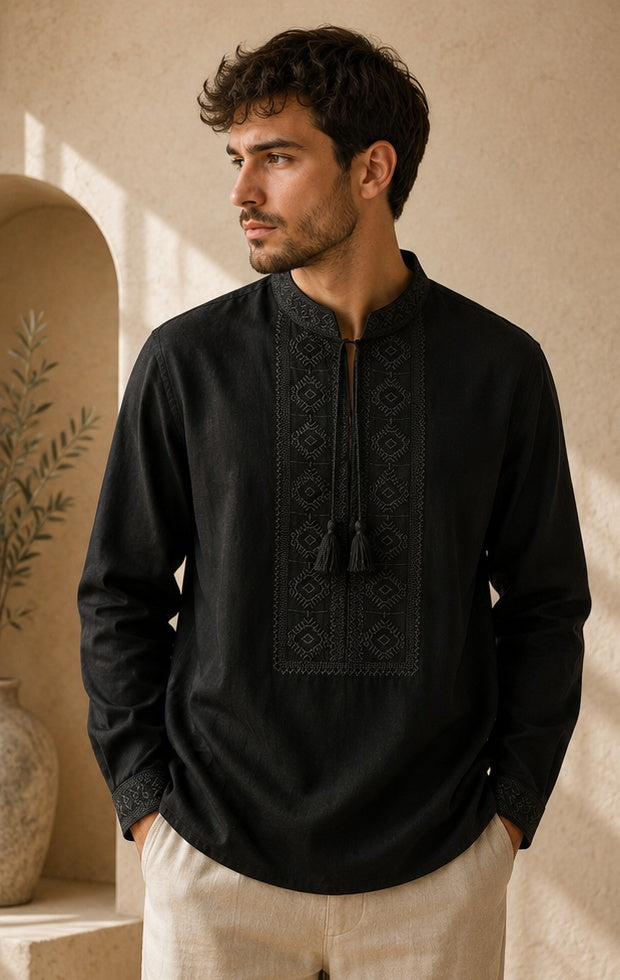 Men’s Black Linen Blend Embroidered Shirt