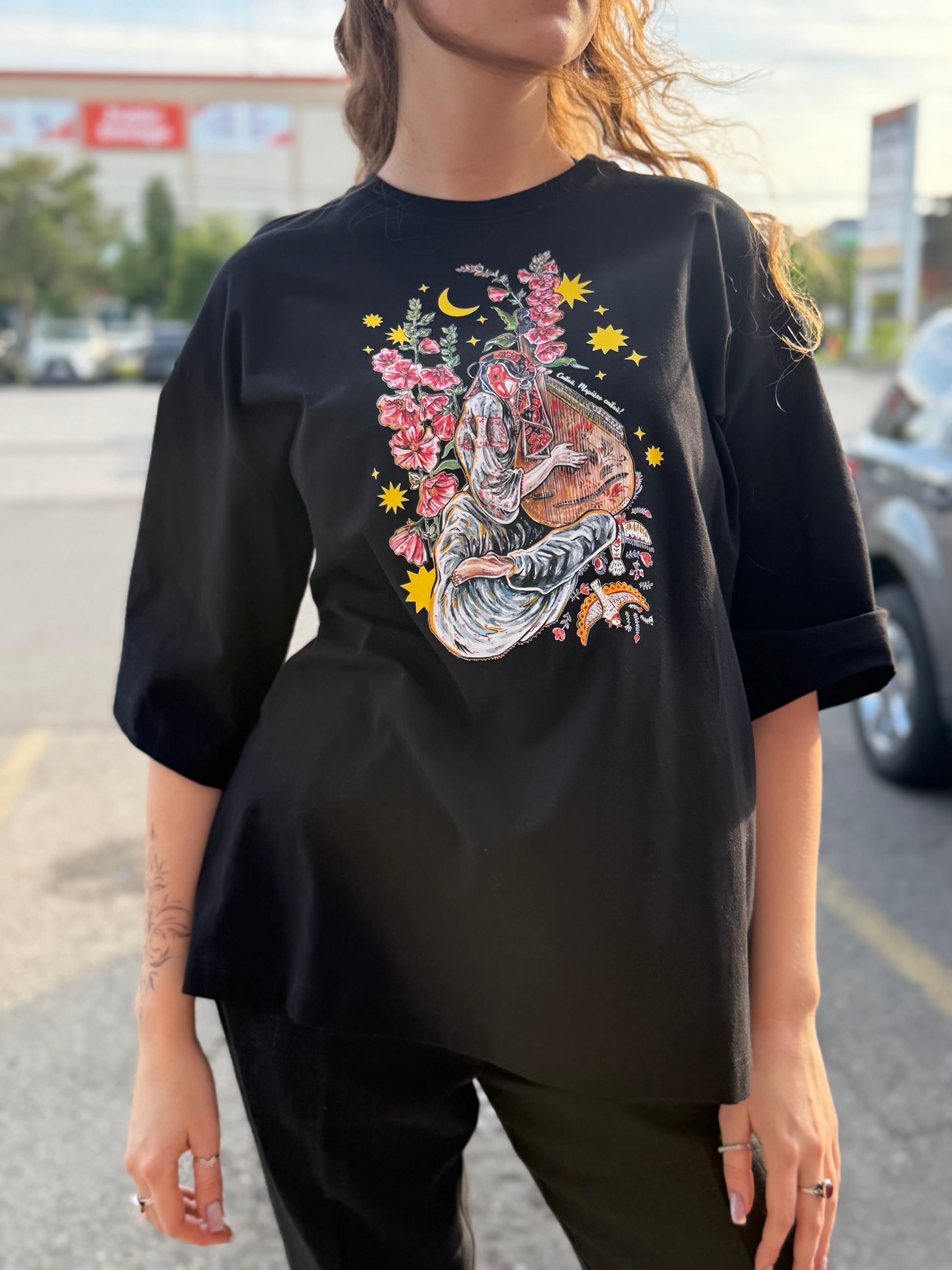 T-Shirt with Ukrainian Print Motanka with Bandura Black