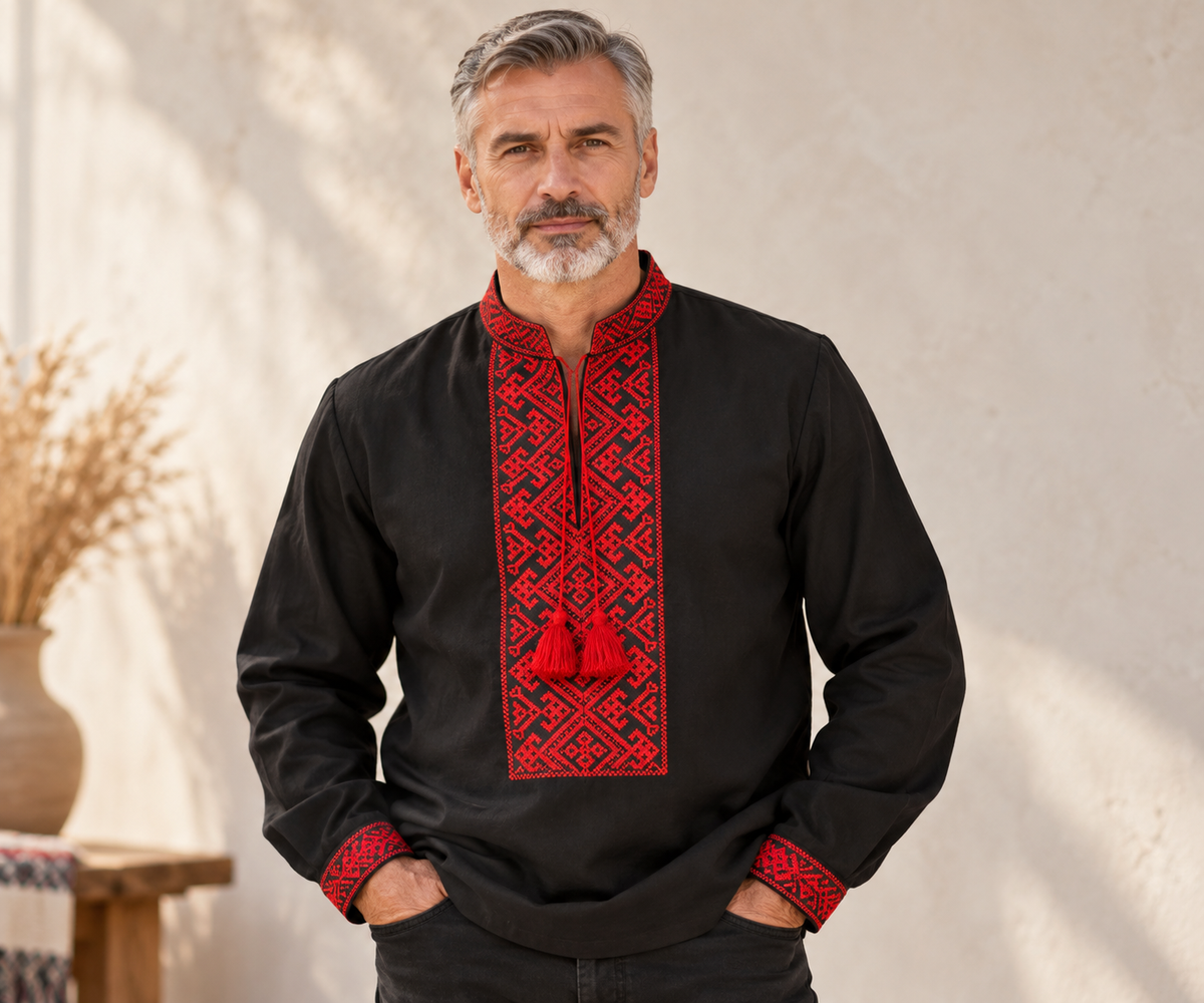 Men's Black Linen Vyshyvanka with Red Geometric Embroidery