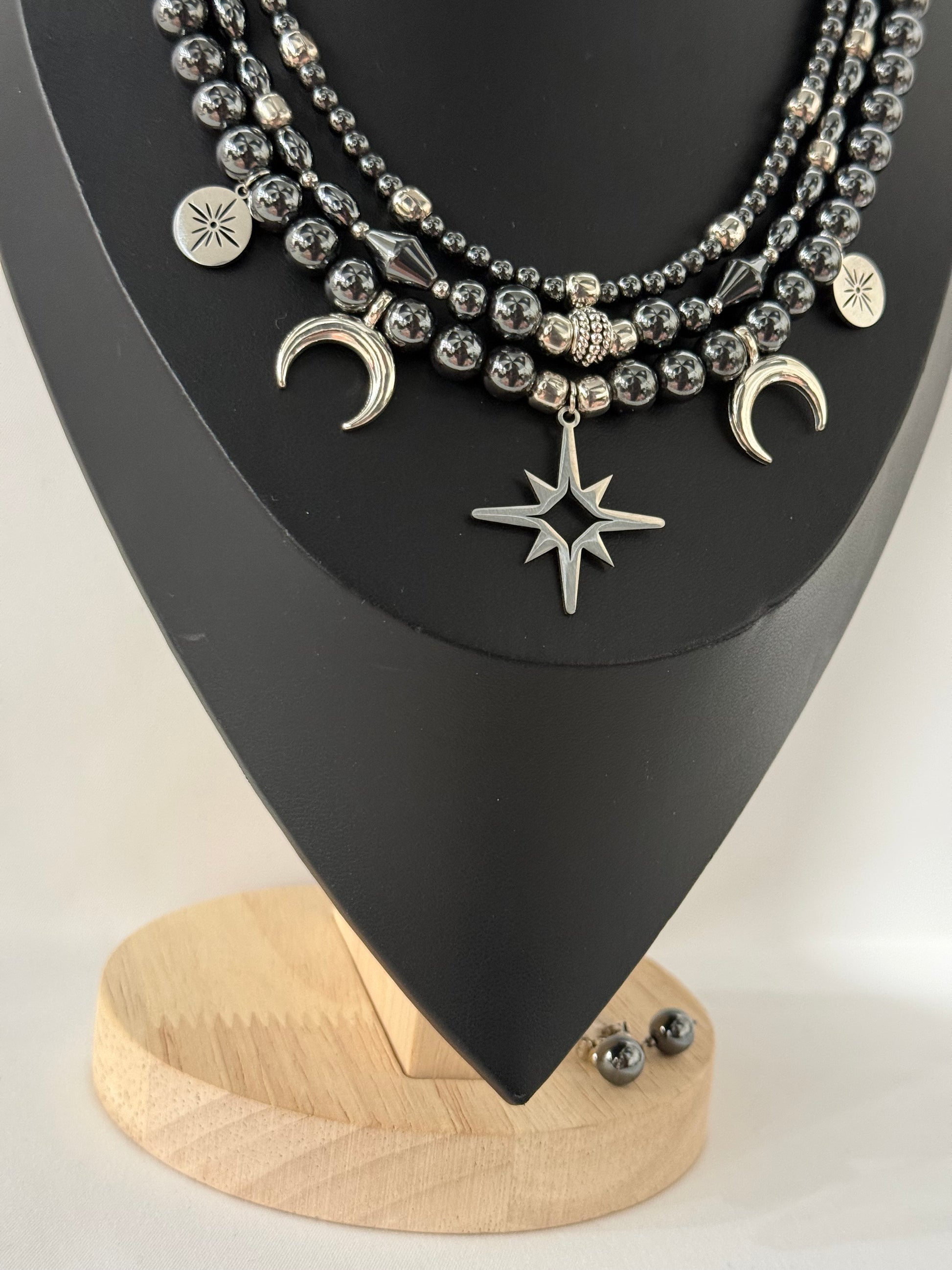 Triple-Strand Necklace with Metal Beads and “Starry Night” Pendants with Earrings | Three Strands