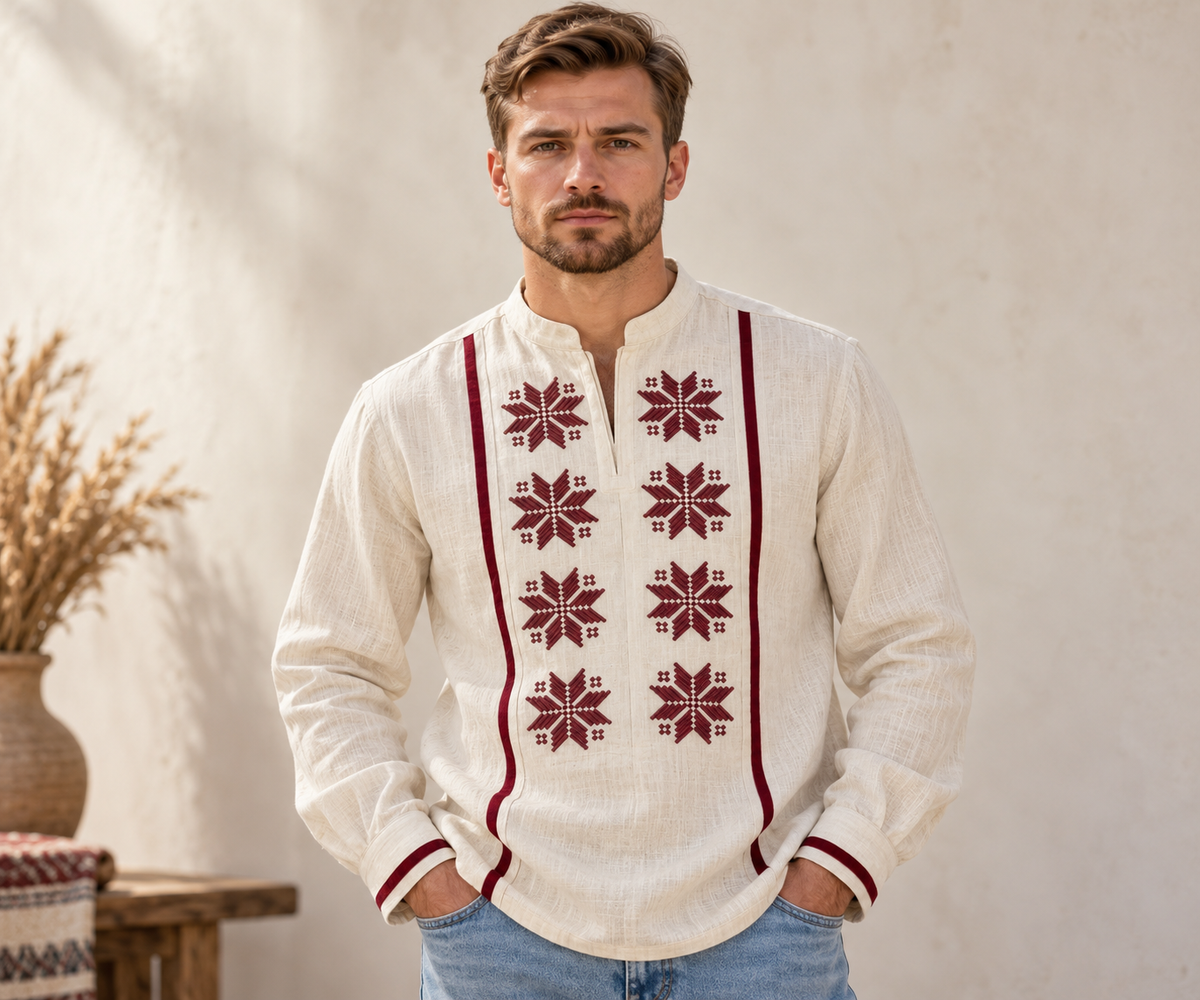 Men's Beige Ukrainian Vyshyvanka with Burgundy Geometric Embroidery