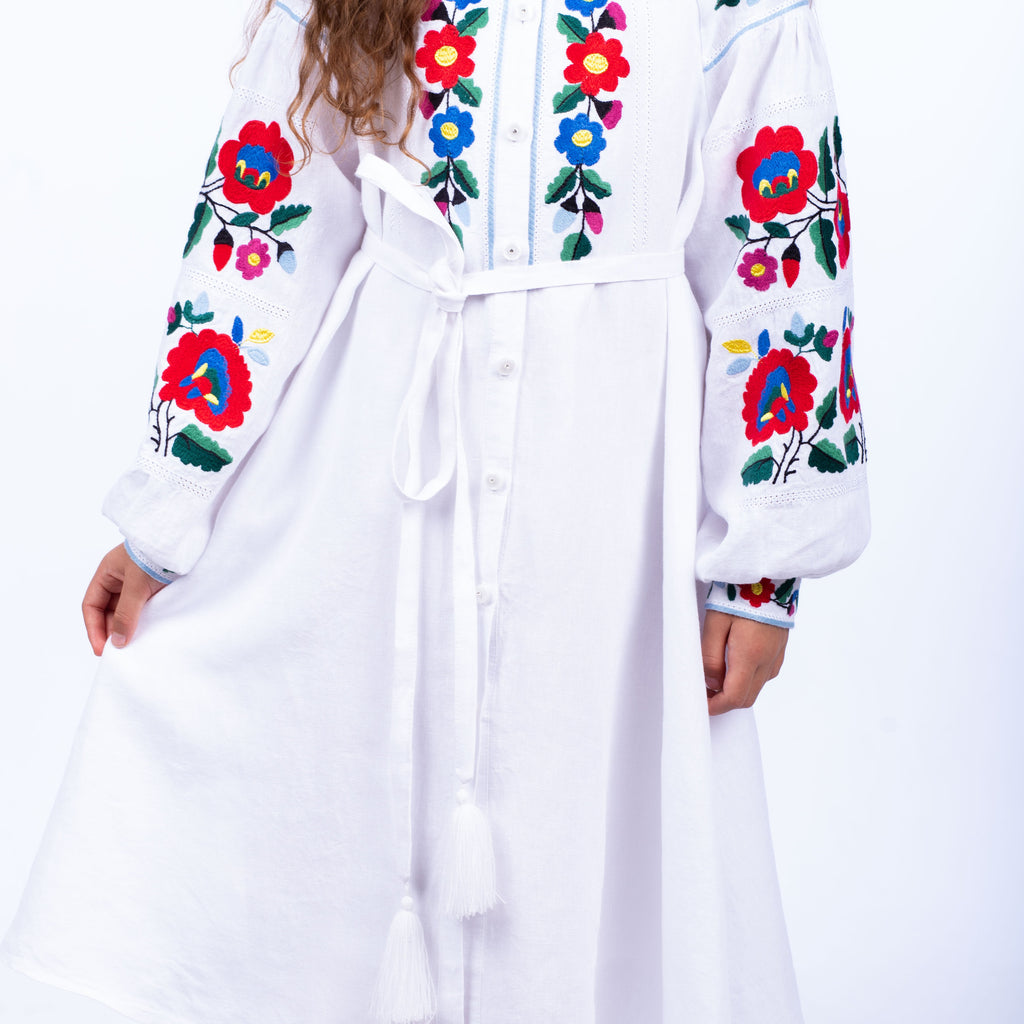 Girls’ White Linen Dress with Floral Embroidery