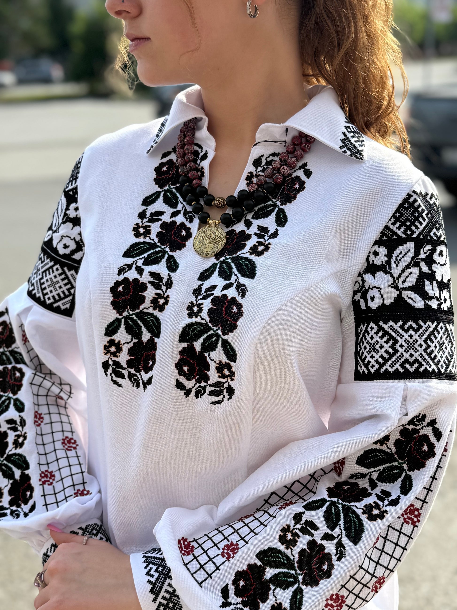 Women’s Embroidered Shirt "Transparent Flowers" – White Ukrainian Vyshyvanka with Delicate Floral Motifs