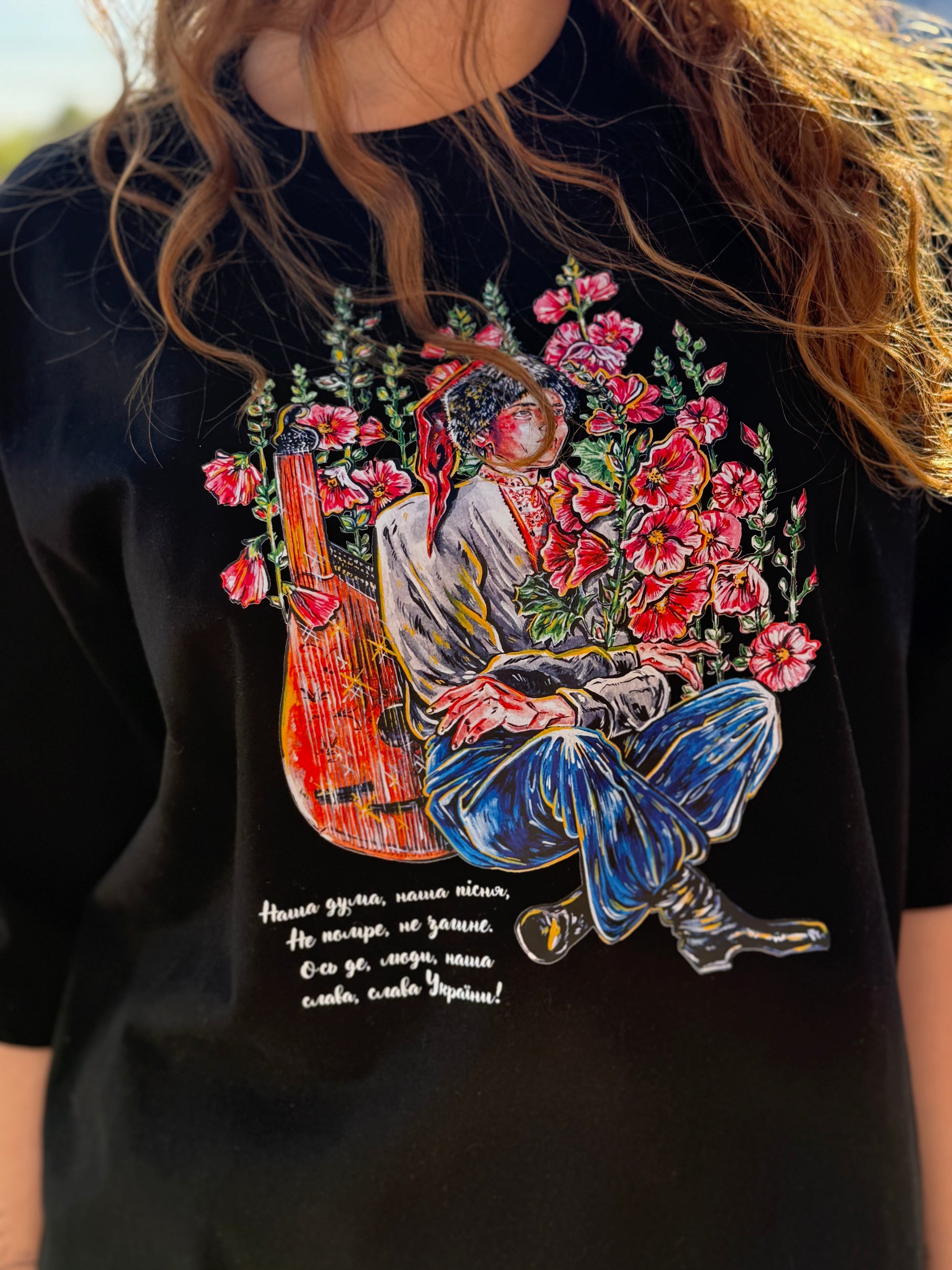 T-Shirt with Ukrainian Print Cossack with Bandura Black