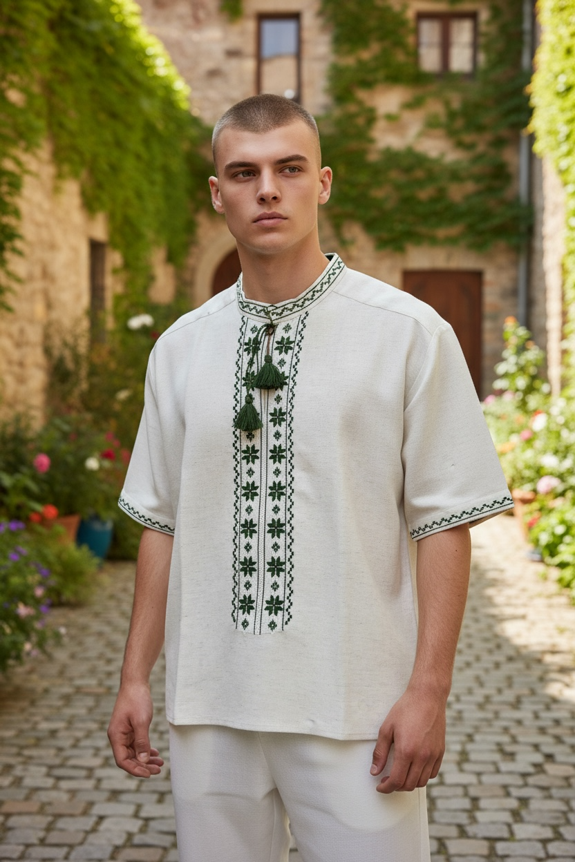 Men’s Linen Vyshyvanka With Traditional Embroidery Short Sleeve