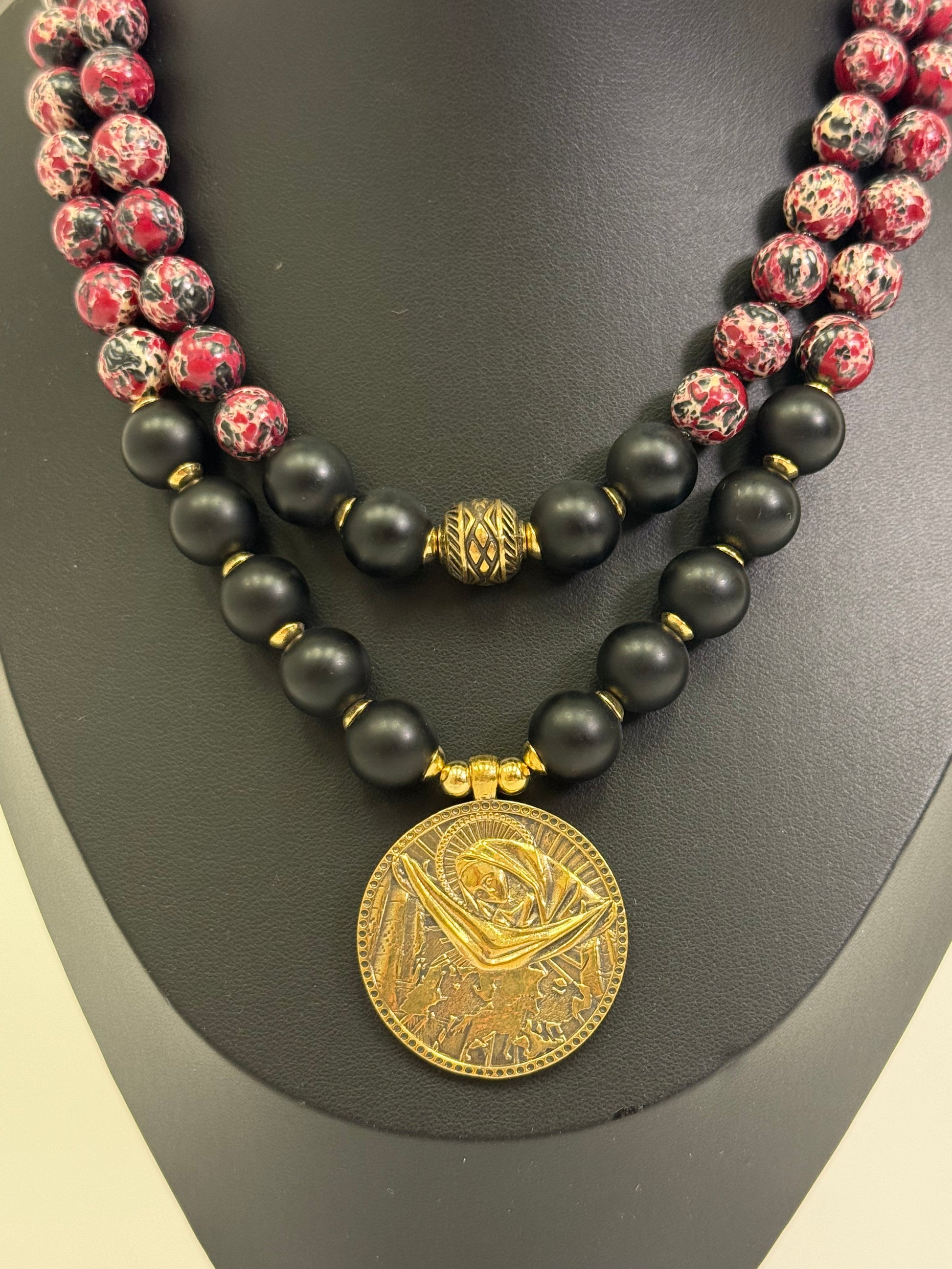 Natural Burgundy-Black Stone Necklace with a Brass Pendant of the "Pokrovy Bohorodytsy"