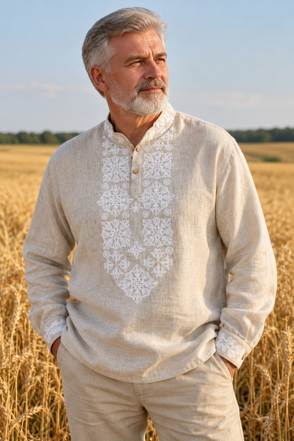 Men's Natural Beige Linen Shirt with White Traditional Ukrainian Block Print