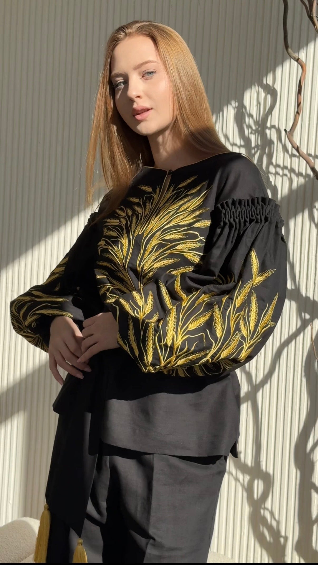 Black Linen Blouse with Wheat Embroidery