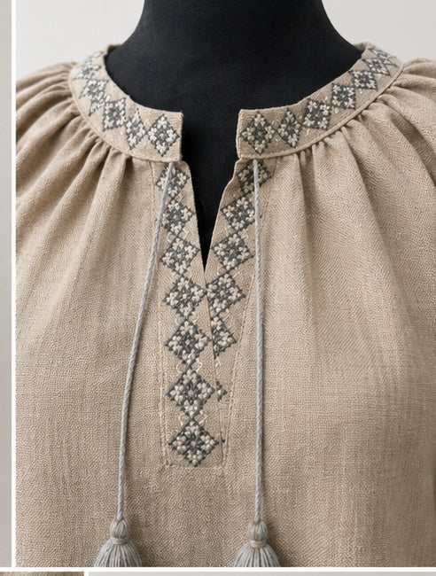 Women’s Linen Grey Embroidered Blouse