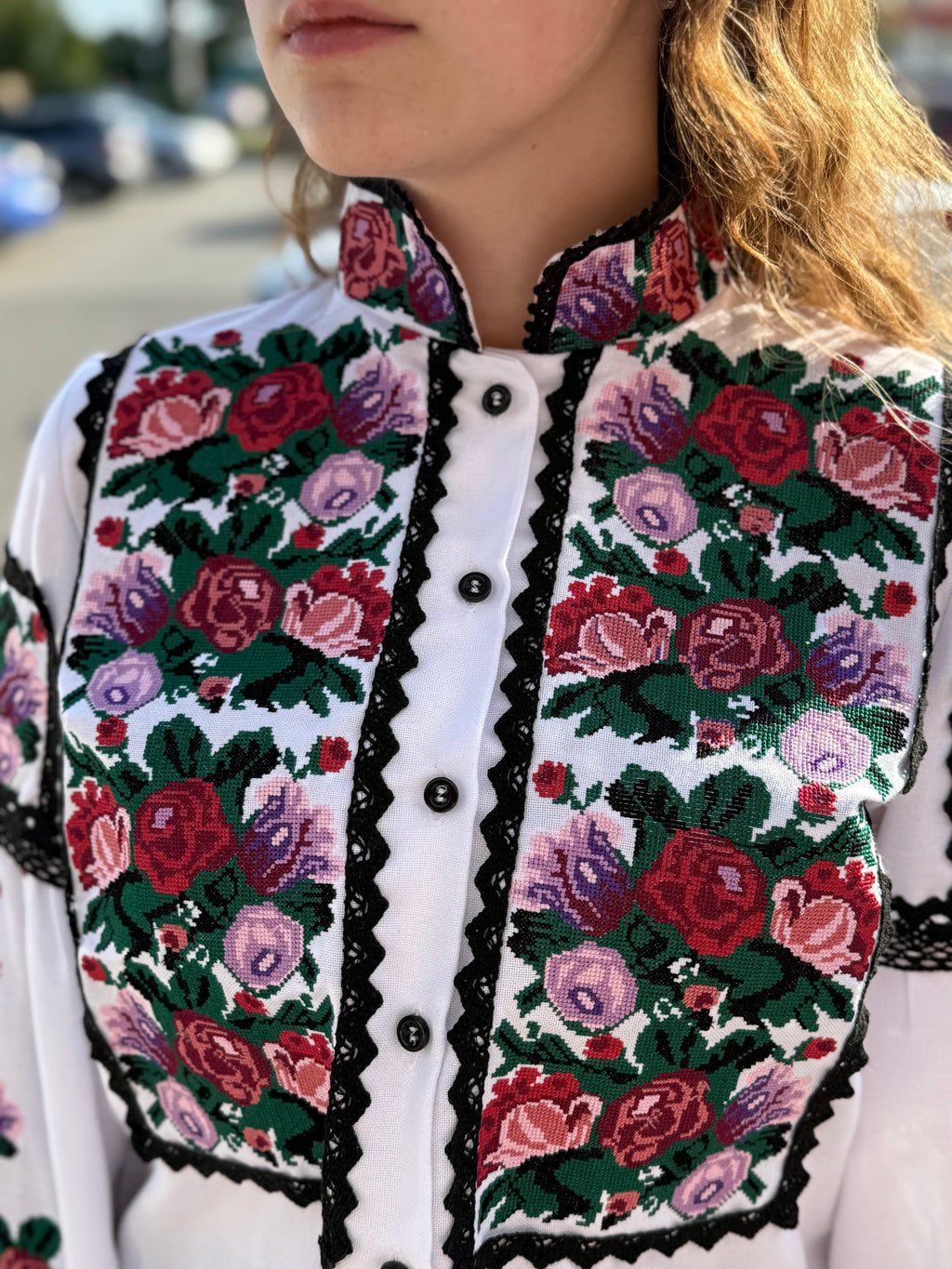 Women’s Embroidered Shirt – Colorful Ukrainian Vyshyvanka with Red Stand Collar