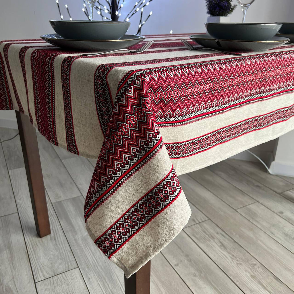 Woven Tablecloth With Traditional Ornament Red