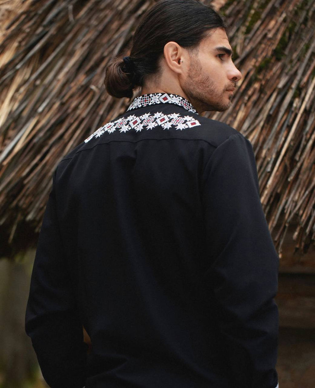 Men's Black Ukrainian Vyshyvanka “Burevii” with White & Burgundy Geometric Embroidery