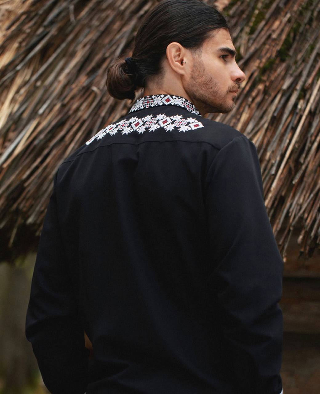 Men's Black Ukrainian Vyshyvanka “Burevii” with White & Burgundy Geometric Embroidery
