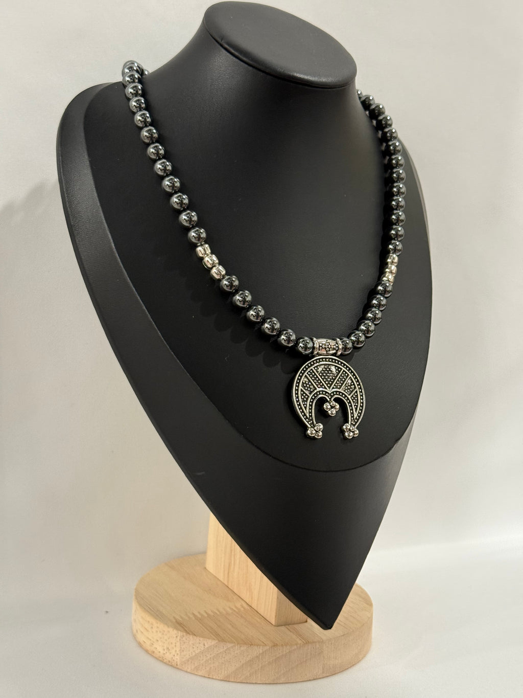 Single-Strand Gray Hematite Bead Necklace with Lunula Pendant
