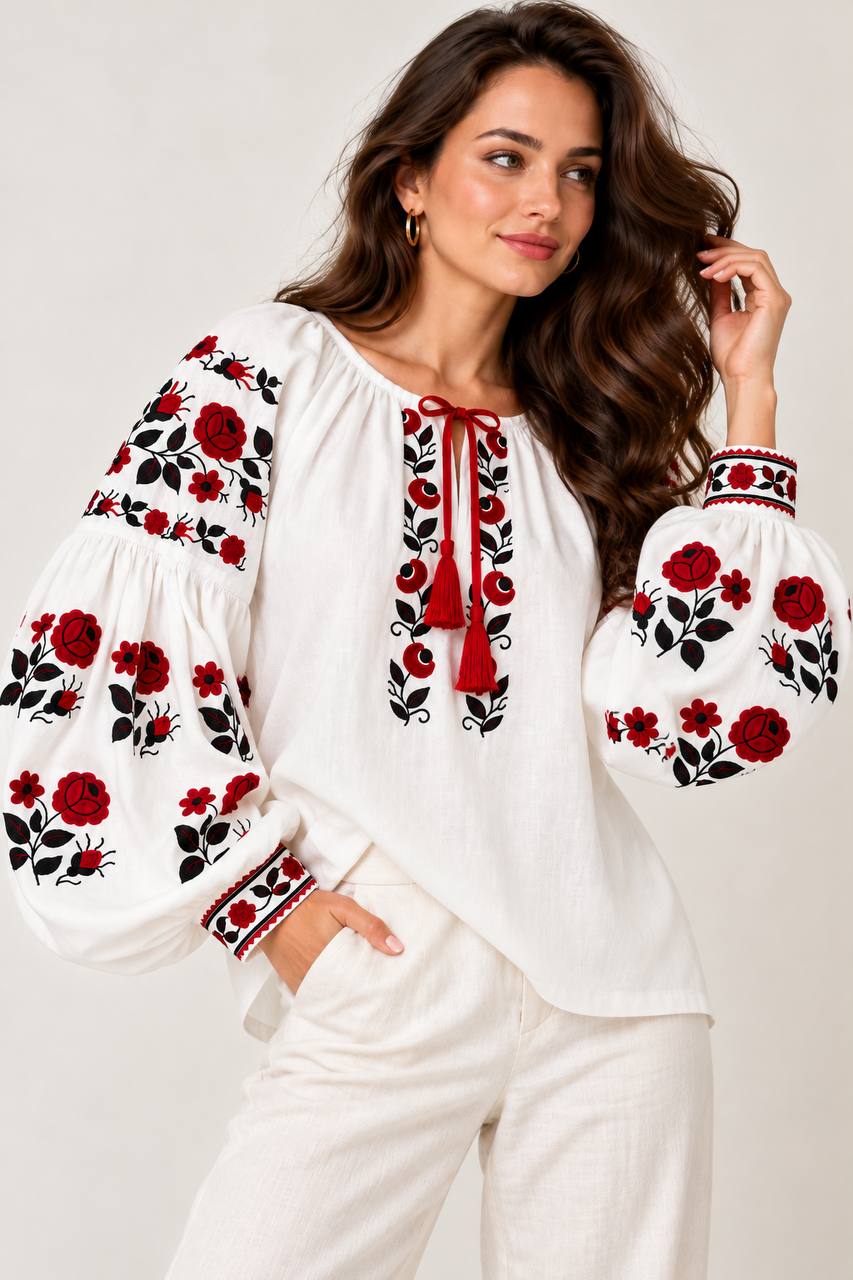 Women's White Ukrainian Embroidered Blouse with Red Roses