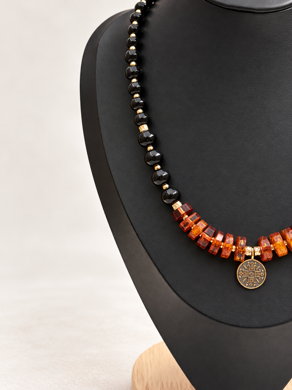“Kryzhyk” Amber & Black Glass Bead Necklace with Brass Pendant