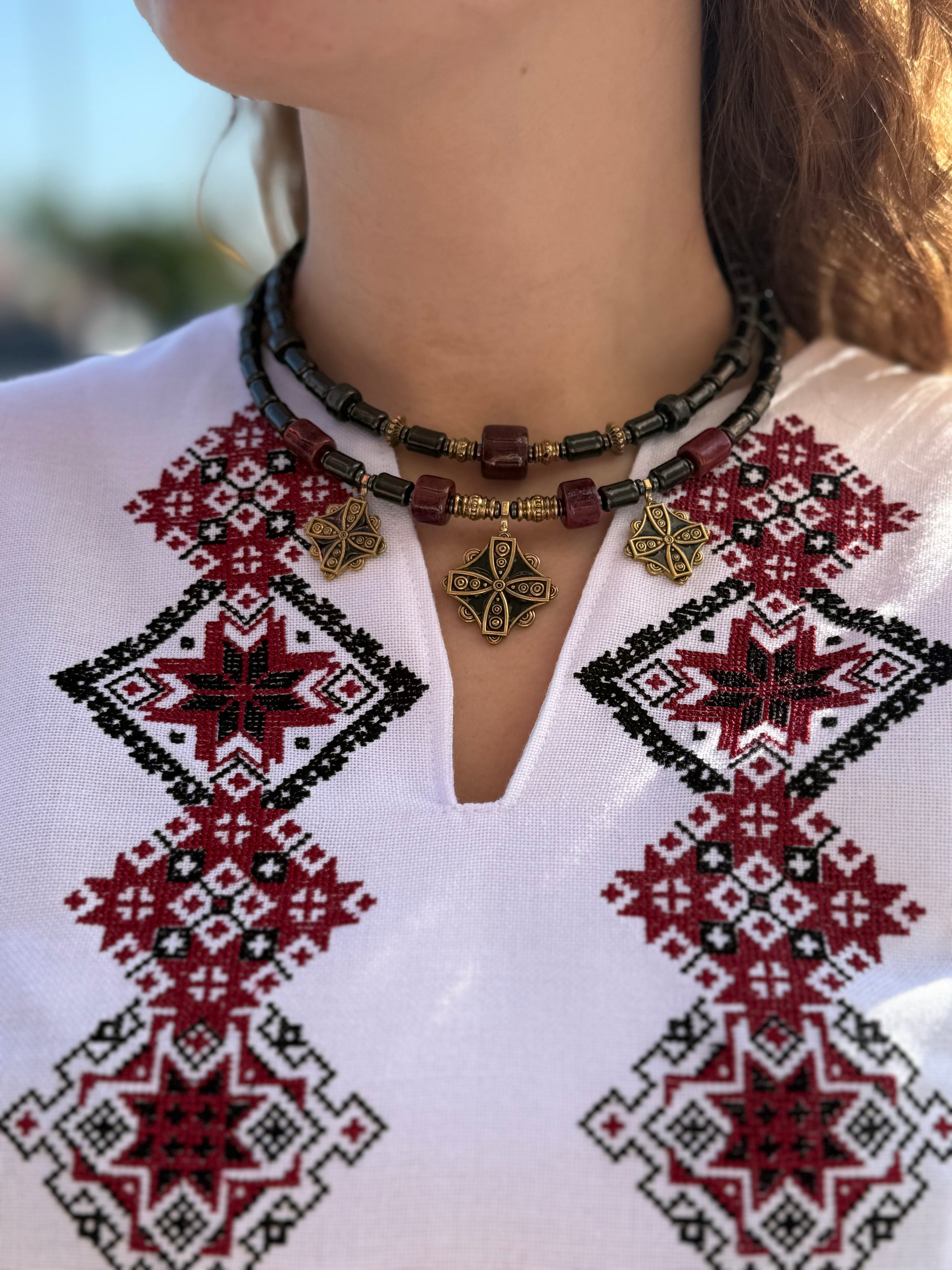Women’s Embroidered Shirt "Red Star" – White Ukrainian Vyshyvanka with Red and Black Embroidery